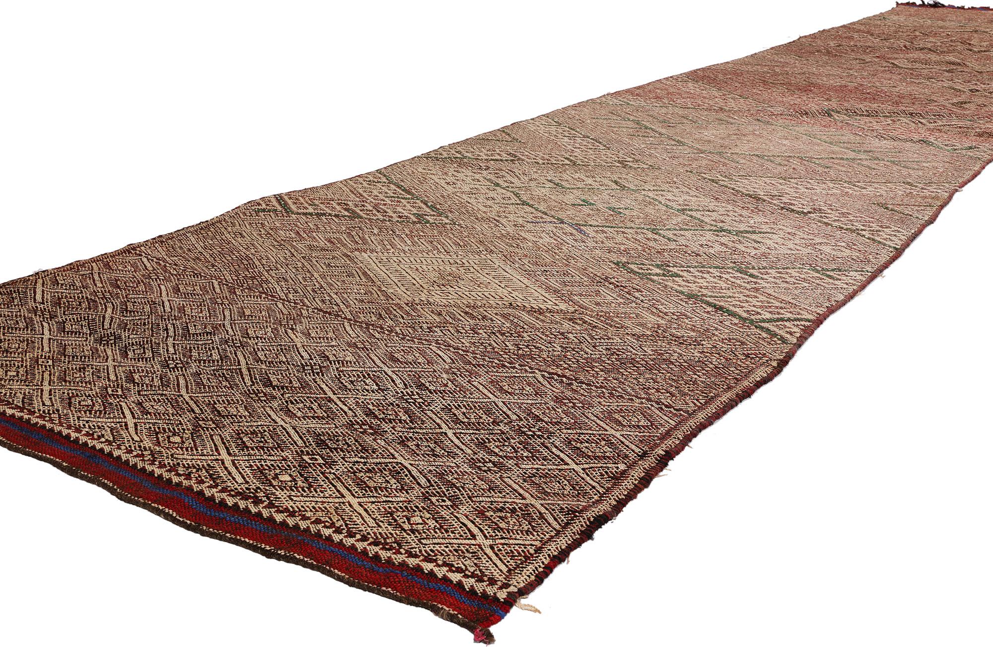 21843 Vintage Zemmour Moroccan Kilim Rug Runner, 03'04 x 17'06. Behold the enchanting tale woven into every fiber of this bohemian-inspired marvel – a handwoven wool Moroccan kilim rug runner, crafted by the skilled hands of the Zemmour Tribe,