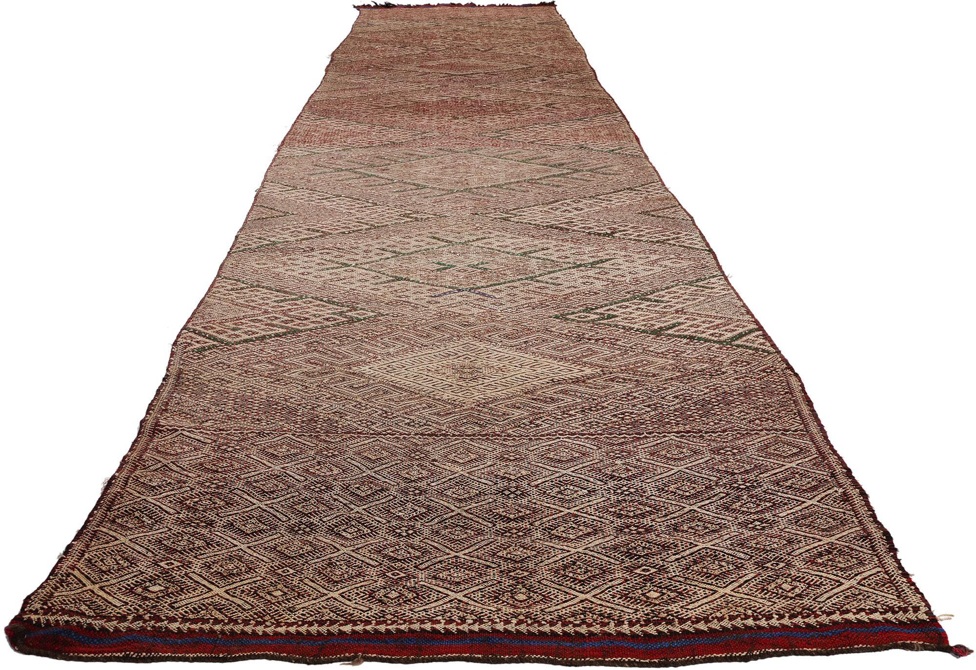 Hand-Woven Midcentury Bohemian Vintage Moroccan Zemmour Kilim Berber Rug, 03'04 x 17'06 For Sale