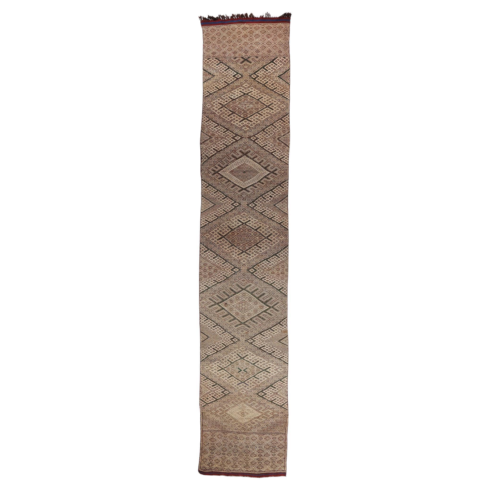 Midcentury Bohemian Vintage Moroccan Zemmour Kilim Berber Rug, 03'04 x 17'06 For Sale