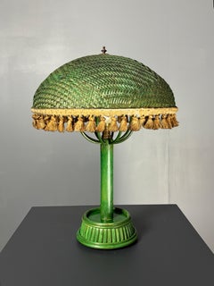 Midcentury bohemien French green rattan mushroom table lamp ca 1950s