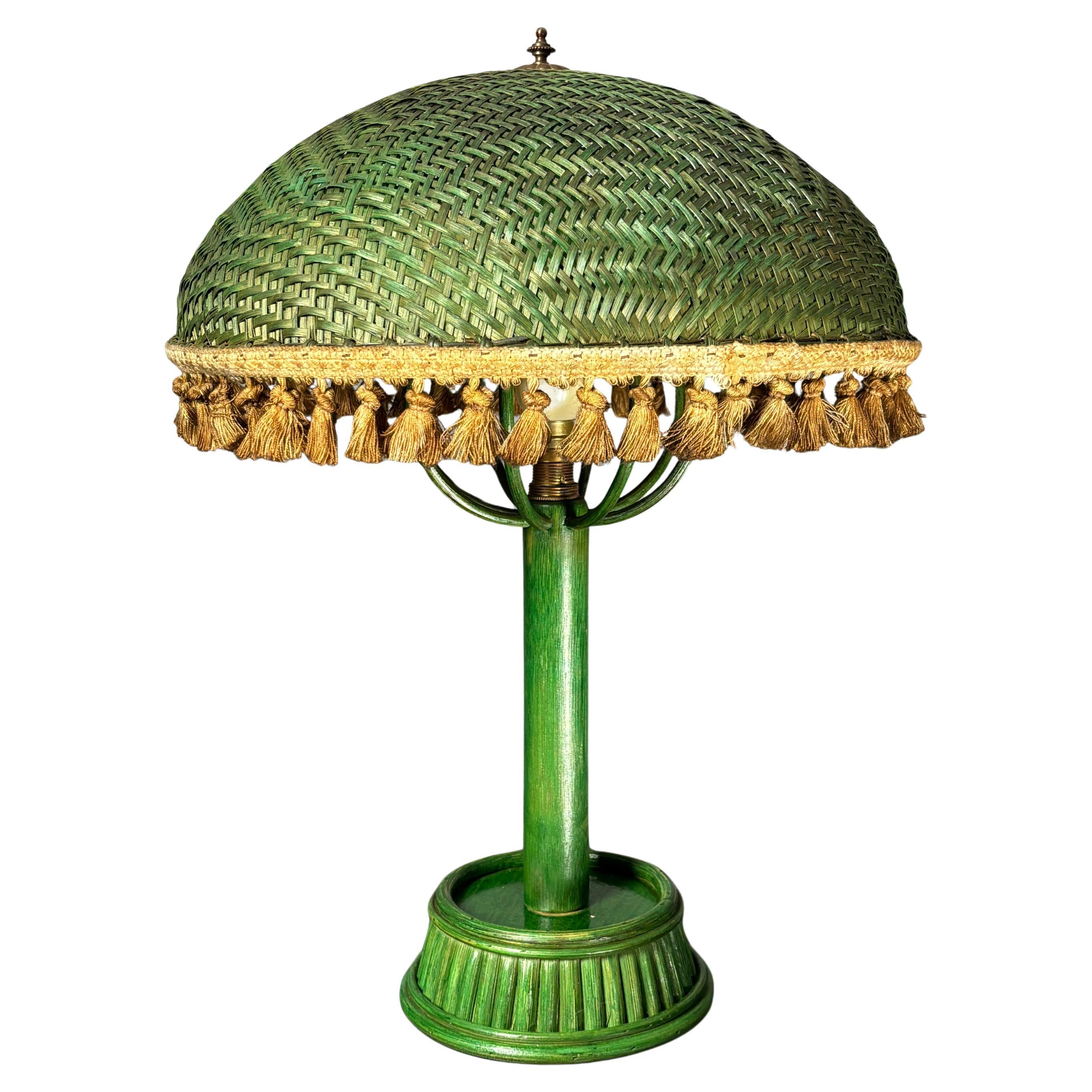 Midcentury bohemien French green rattan mushroom table lamp ca 1950s