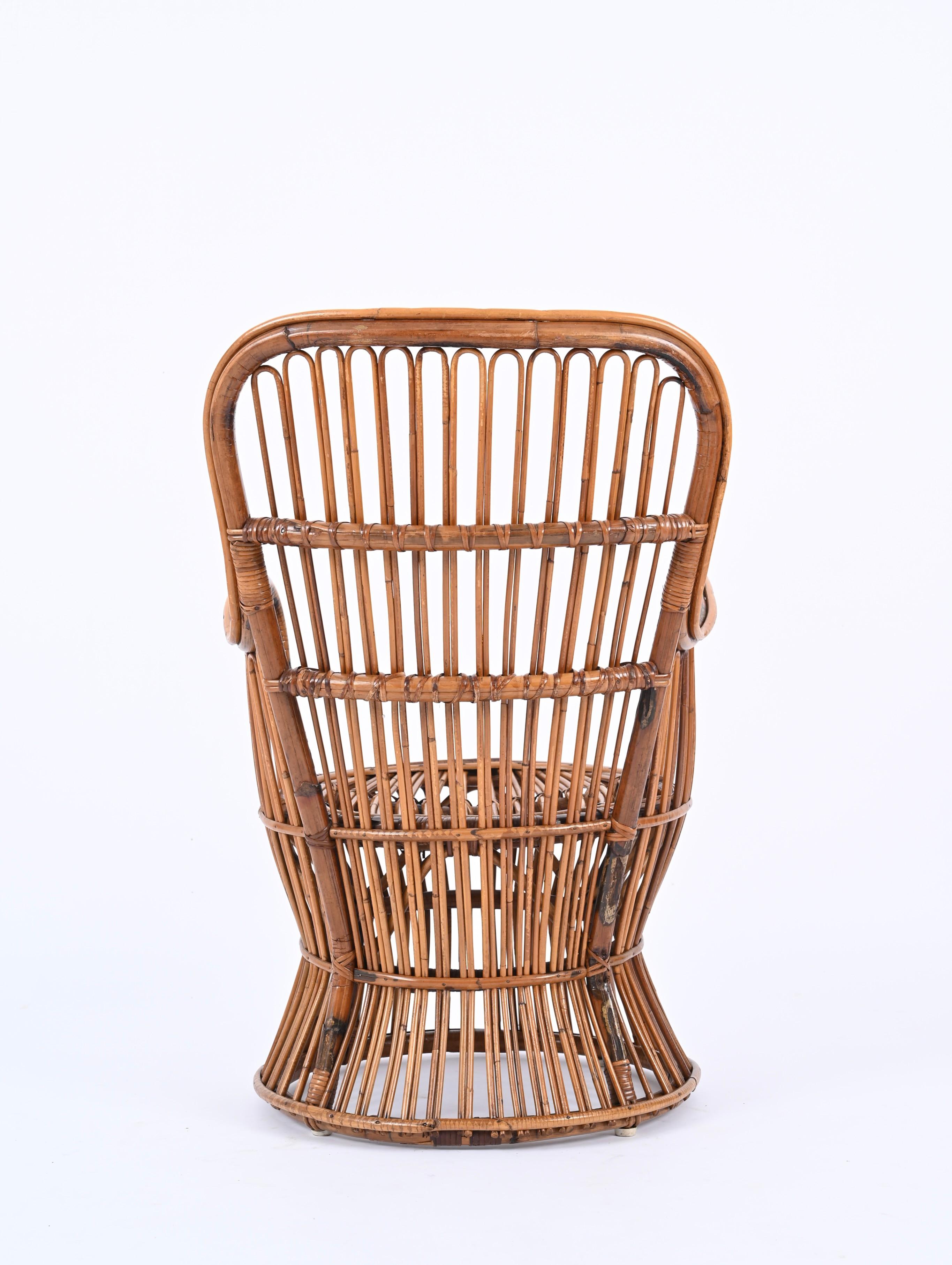 Hand-Crafted Midcentury Bonacina Armachair in Rattan, Italy 1960s For Sale