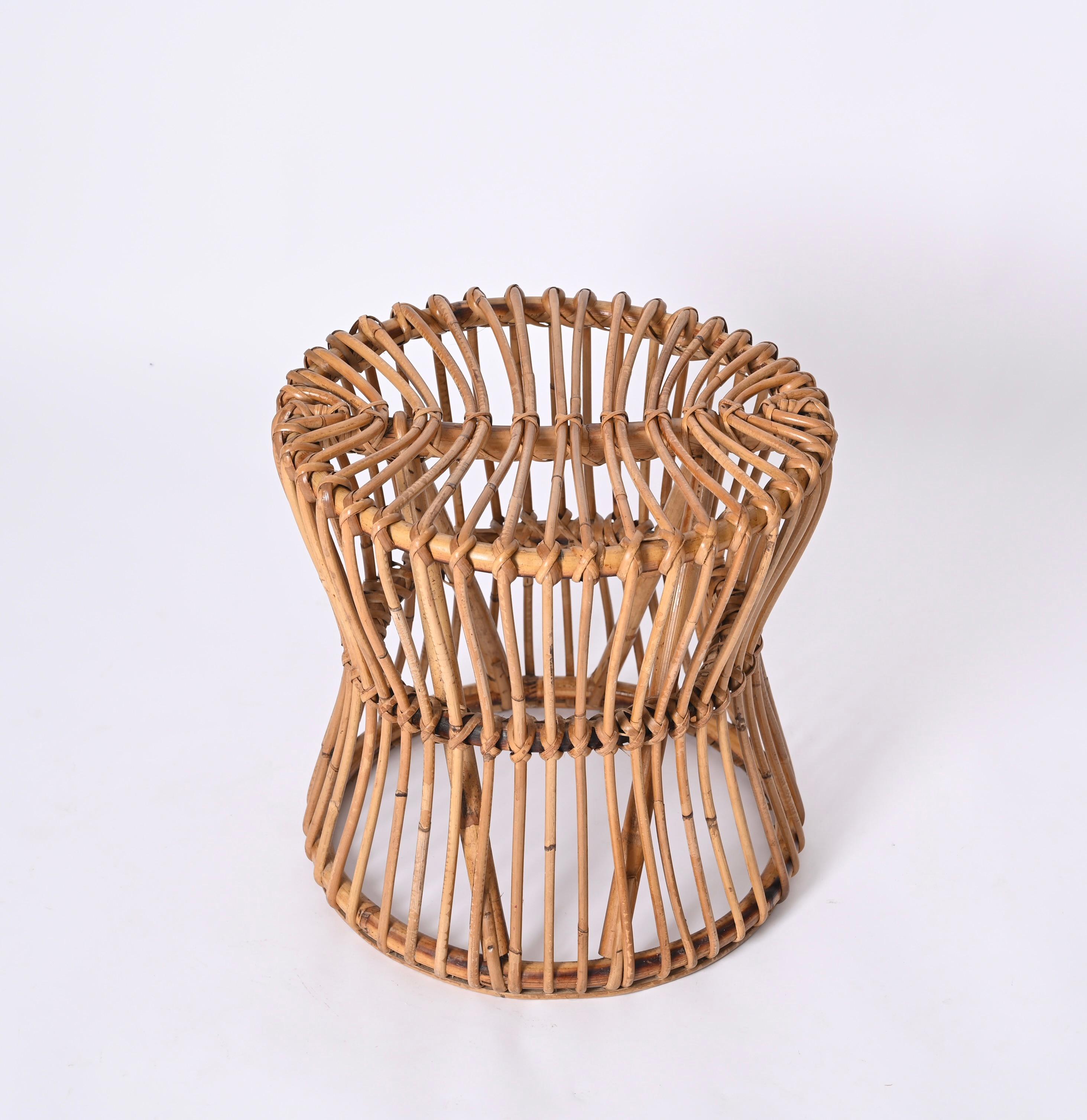 Mid-Century Modern Midcentury Bonacina Rattan Italian Pouf Stool, Italy, 1960s For Sale