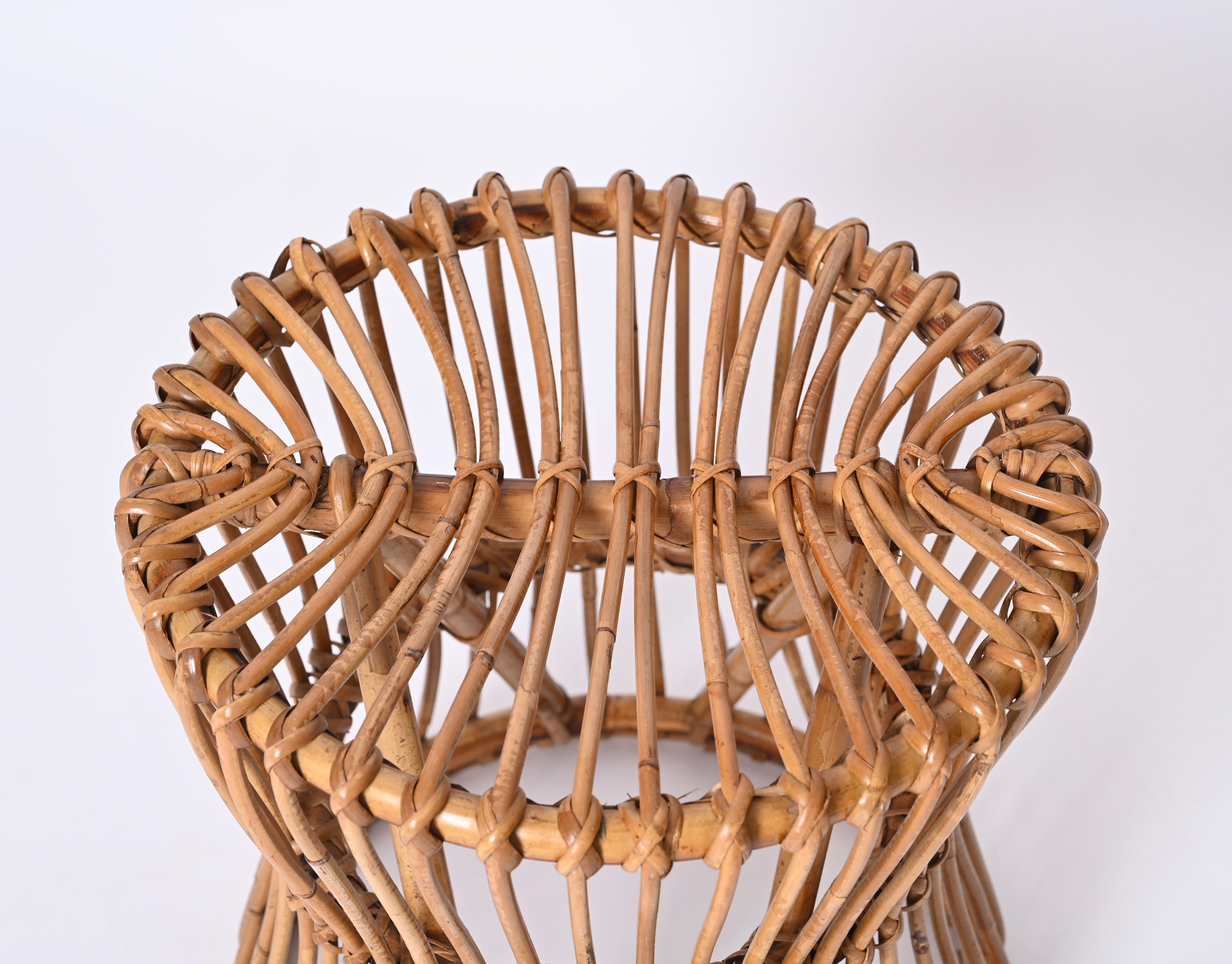 Wicker Midcentury Bonacina Rattan Italian Pouf Stool, Italy, 1960s For Sale