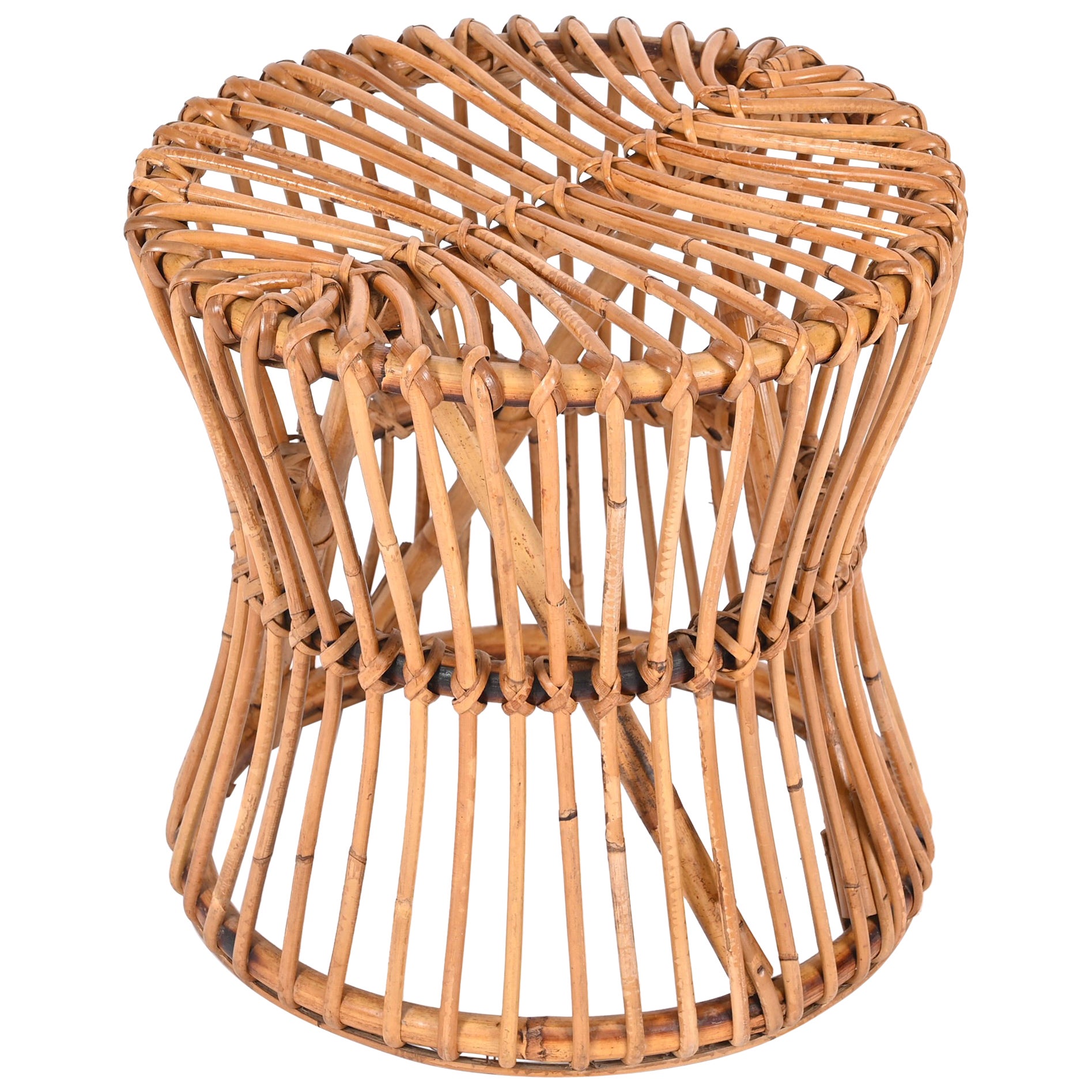 Taburete puf italiano de ratán Bonacina de mediados de siglo, Italia, 1960