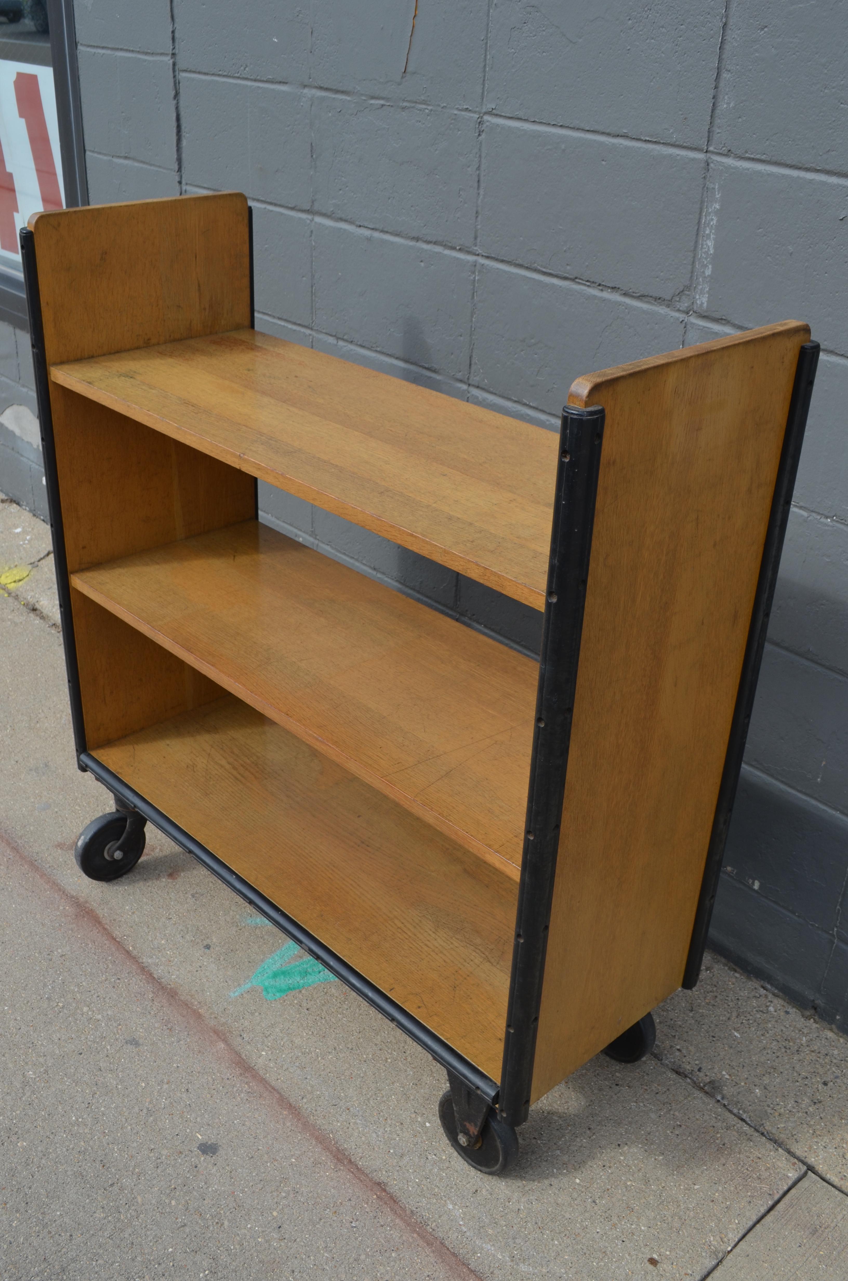 Rubber Midcentury Book Shelving Cart of Oak on Wheels from Midwestern Public Library
