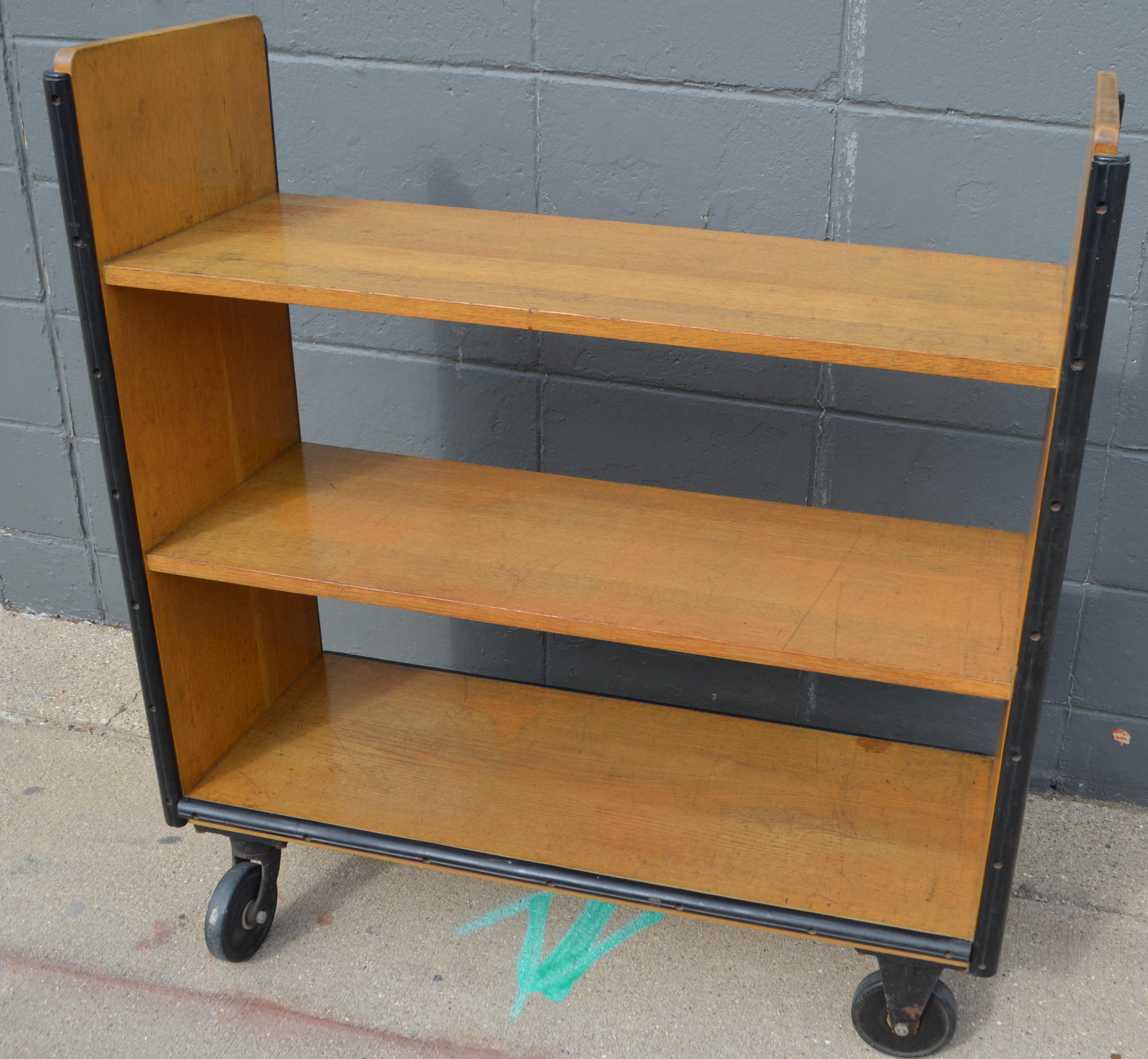 Midcentury Book Shelving Cart of Oak on Wheels from Midwestern Public Library 1