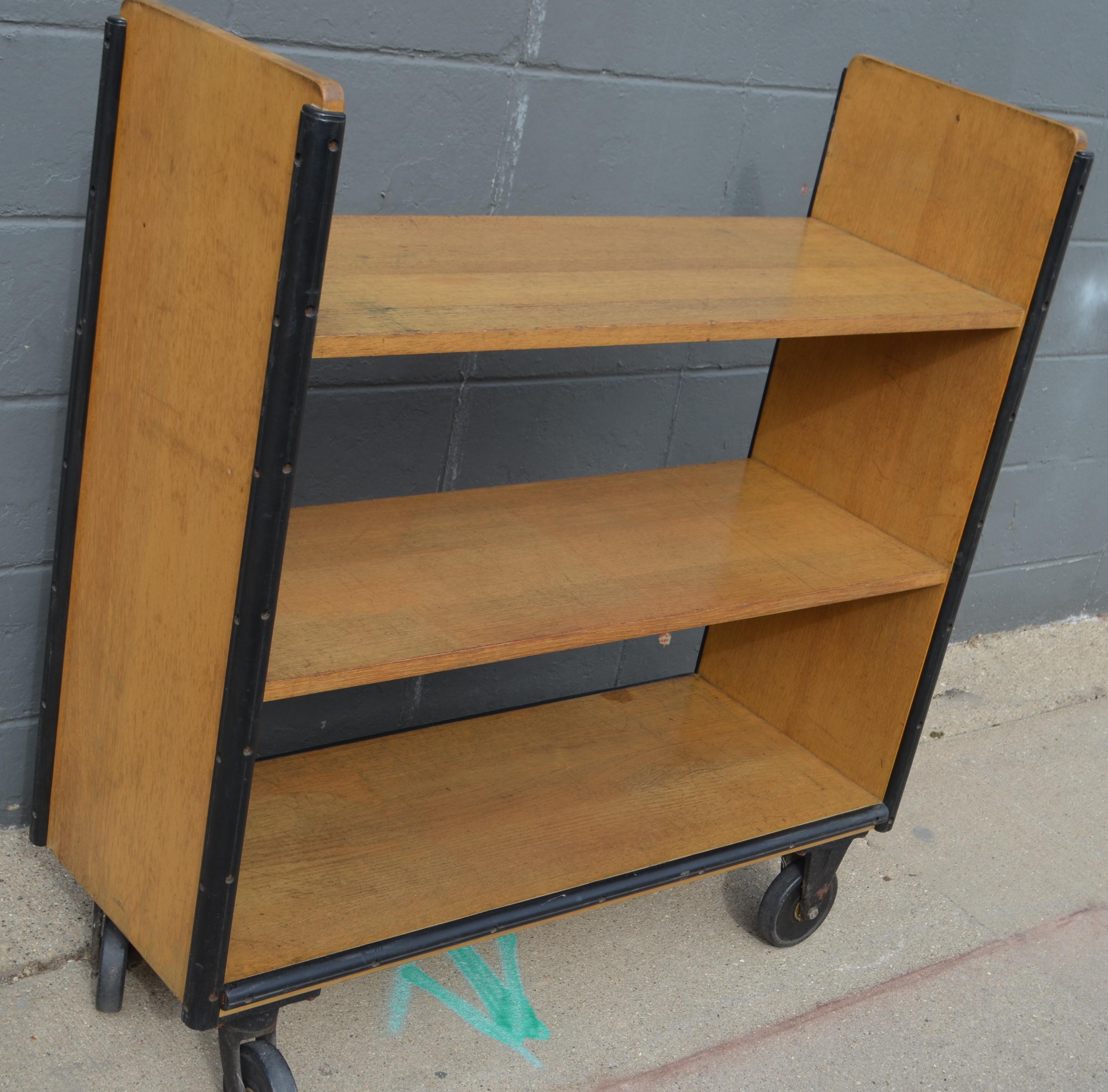 Midcentury Book Shelving Cart of Oak on Wheels from Midwestern Public Library 2