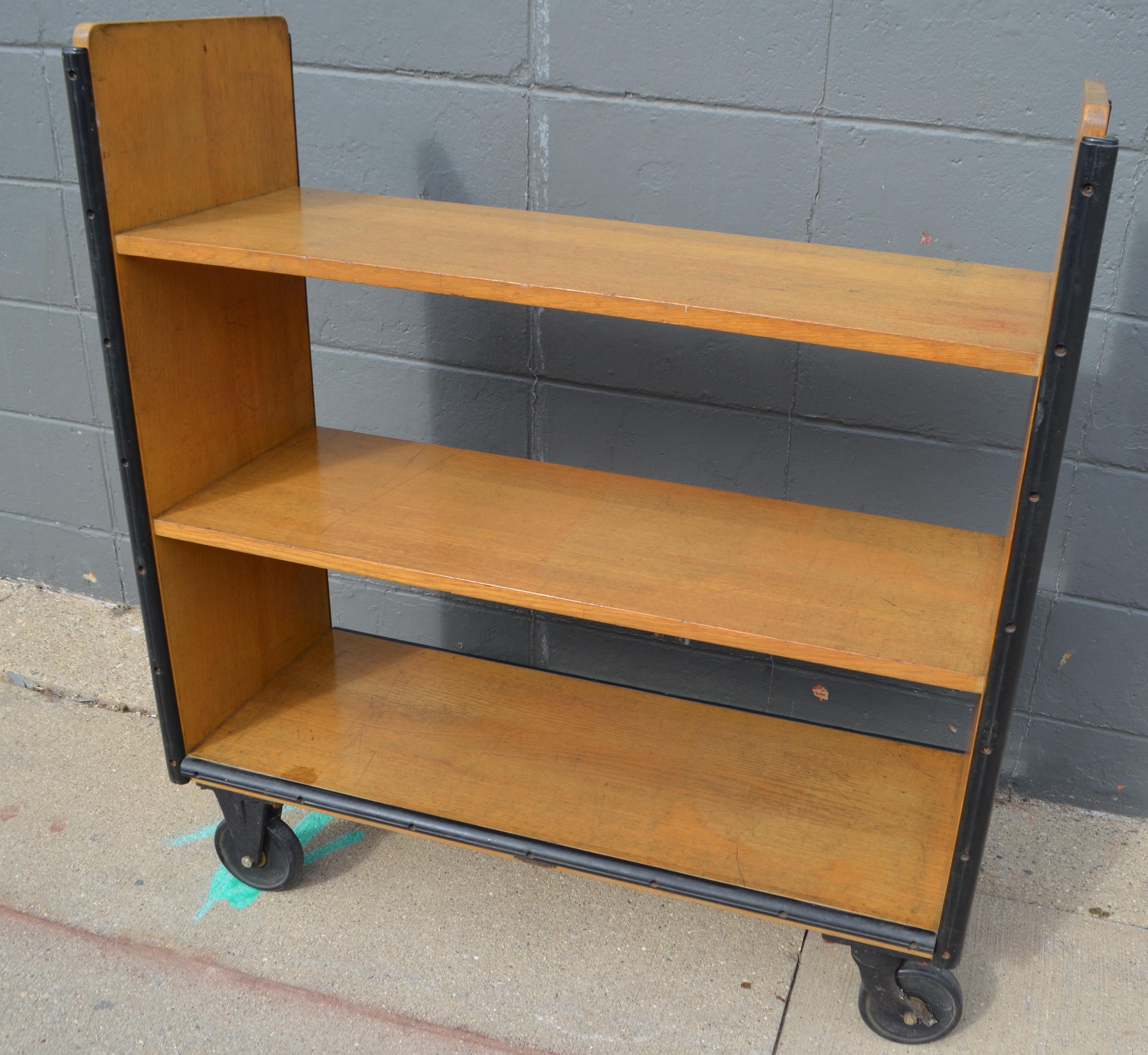 Midcentury Book Shelving Cart of Oak on Wheels from Midwestern Public Library 9