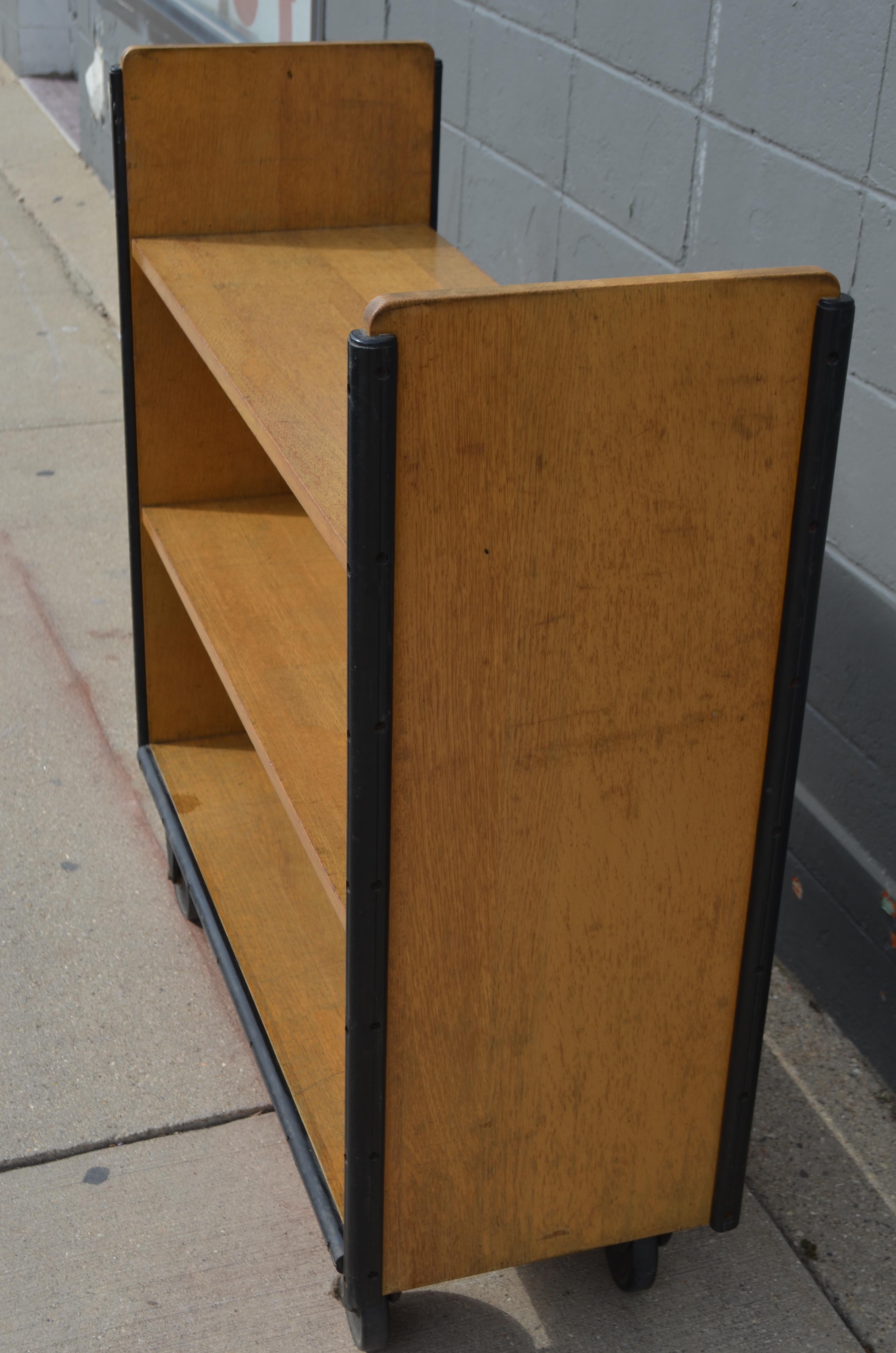 Mid-Century Modern Midcentury Book Shelving Cart of Oak on Wheels from Midwestern Public Library