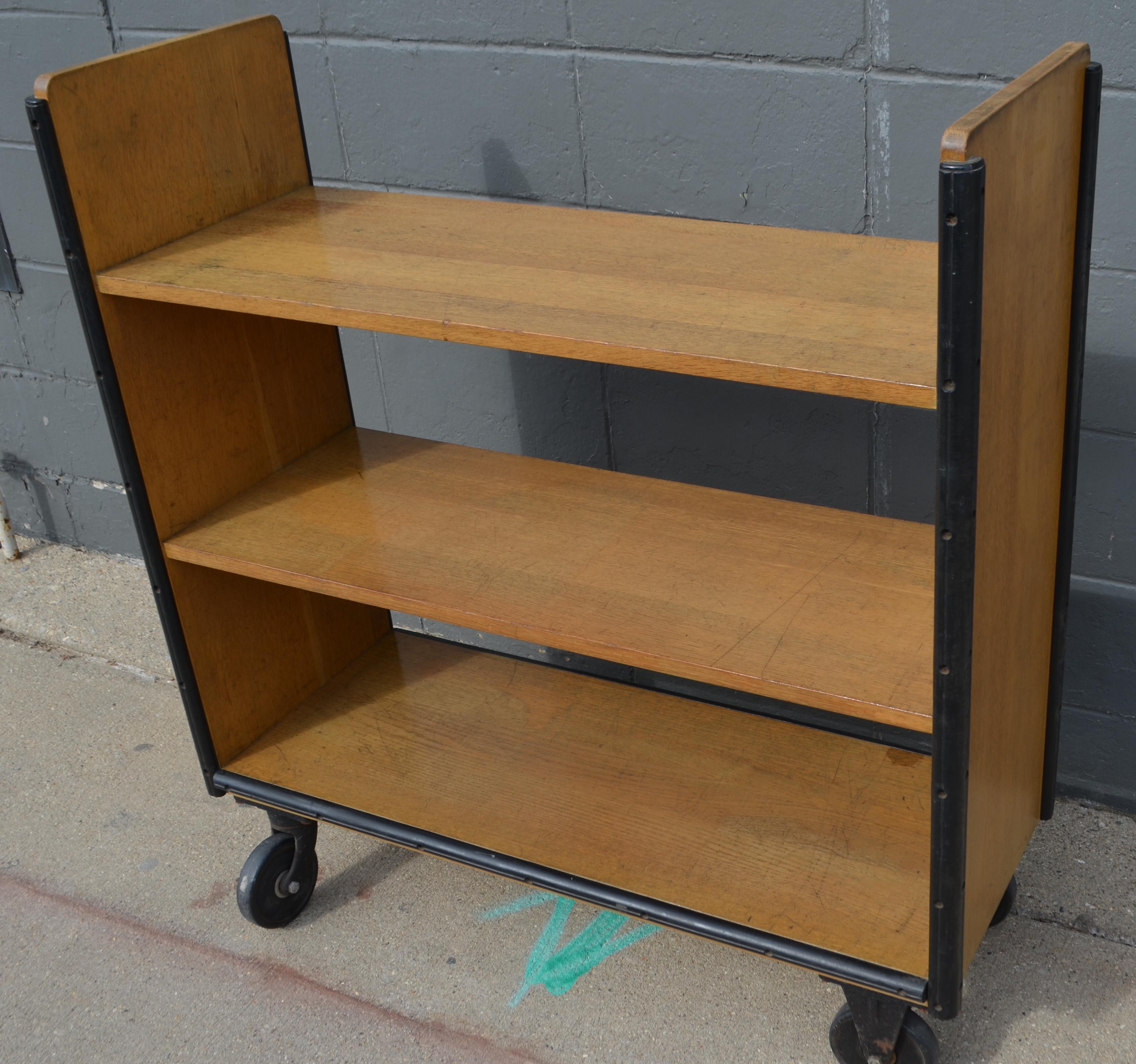 American Midcentury Book Shelving Cart of Oak on Wheels from Midwestern Public Library