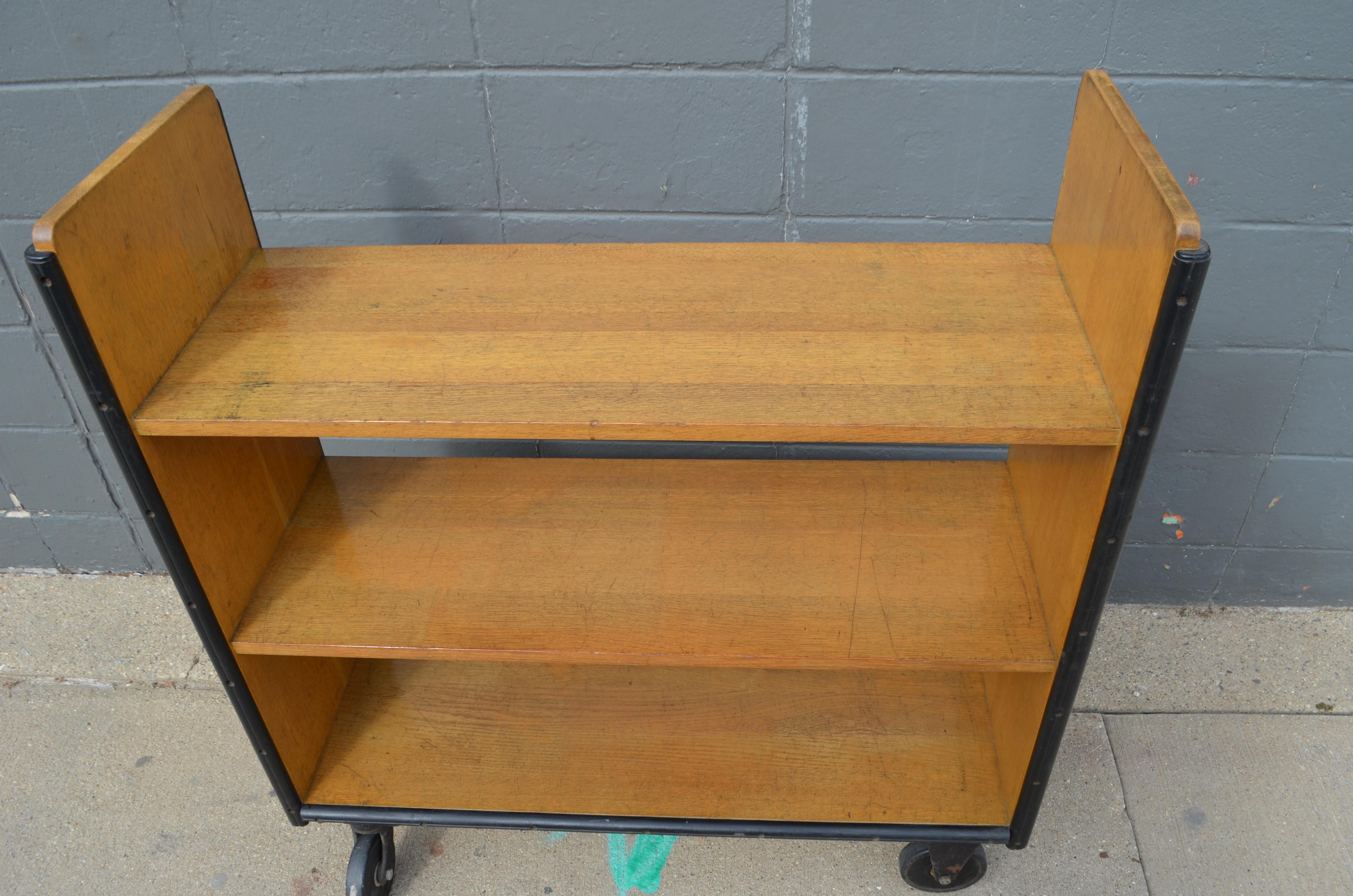 20th Century Midcentury Book Shelving Cart of Oak on Wheels from Midwestern Public Library
