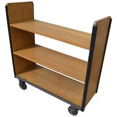 Midcentury Book Shelving Cart of Oak on Wheels from Midwestern Public Library