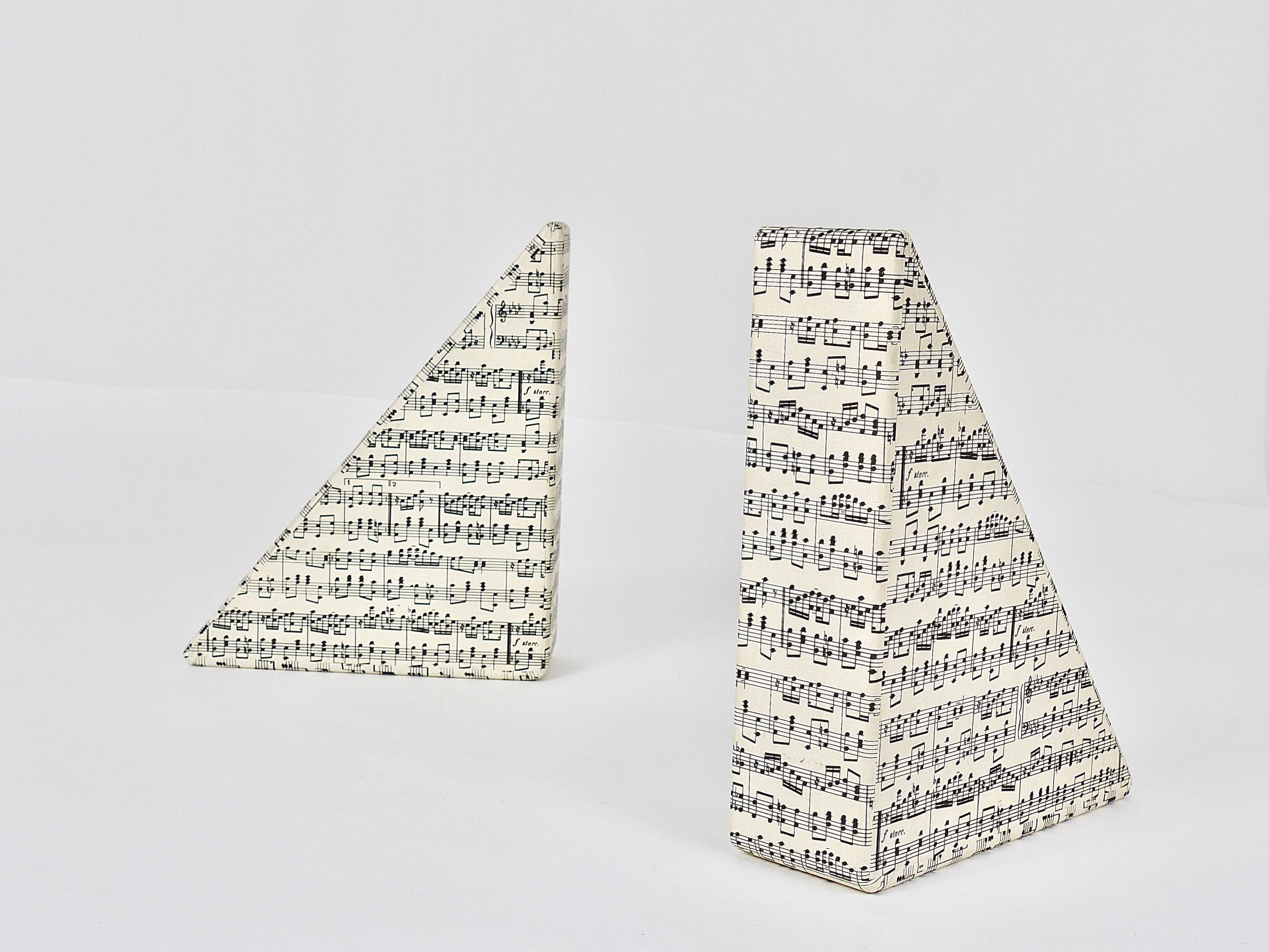 Wood Midcentury Bookends with Music Sheet Pattern by Grafiche Tassotti & Figli, Italy For Sale