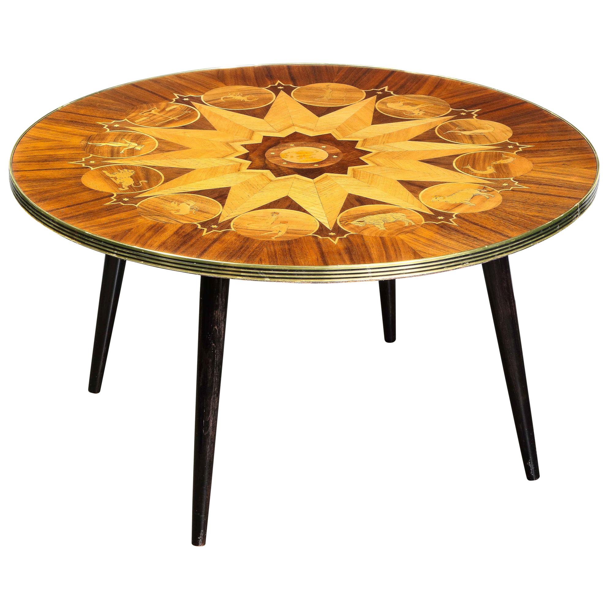Midcentury Bookmatched Walnut & Elm Cocktail Table with Zodiac Themed Marquetry