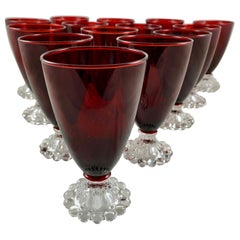 Midcentury Boopie Royal Ruby Red & Colorless Footed Hocking Glass Goblets, S/14