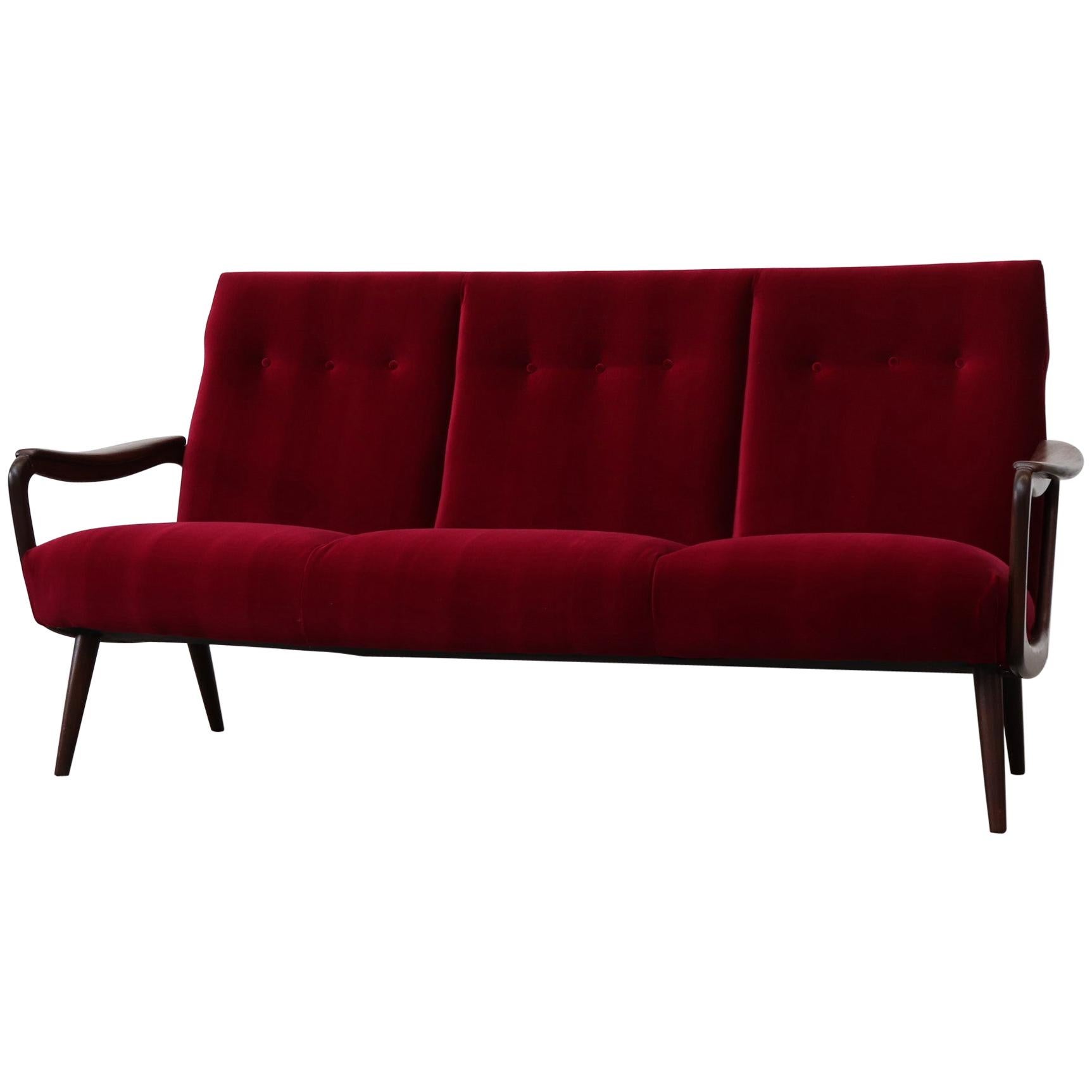 Mid-Century  Bovenkamp Style Sofa in Garnet Velvet with Organic Dark Wood Arms