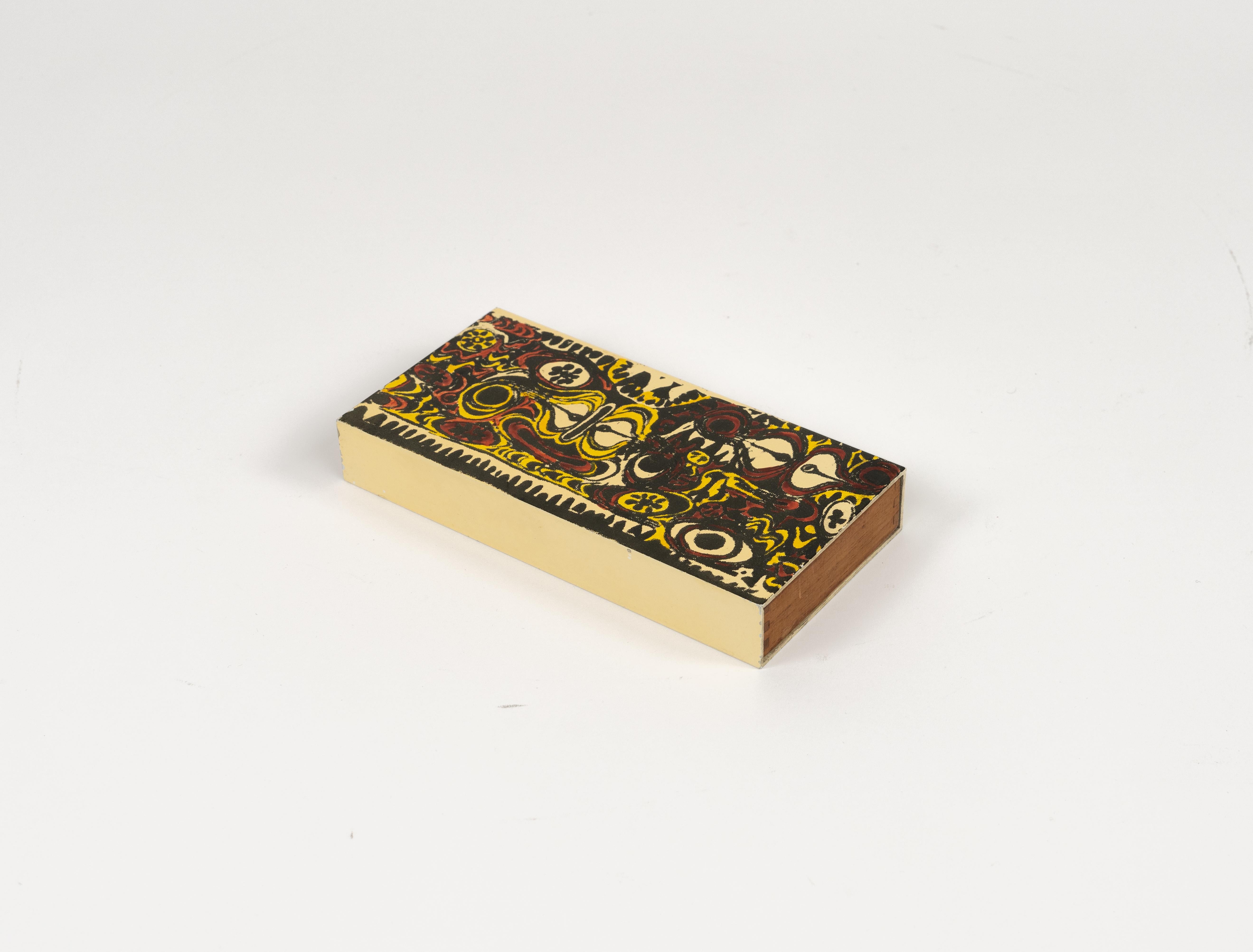Midcentury beautiful rectangular decorative box attributed to Piero Fornasetti. 

It has a enameled metal cover and wooden inner compartment.

Made in Italy in the 1960s.  

Perfect desk object or gift idea.  

The Italian painter, sculptor,