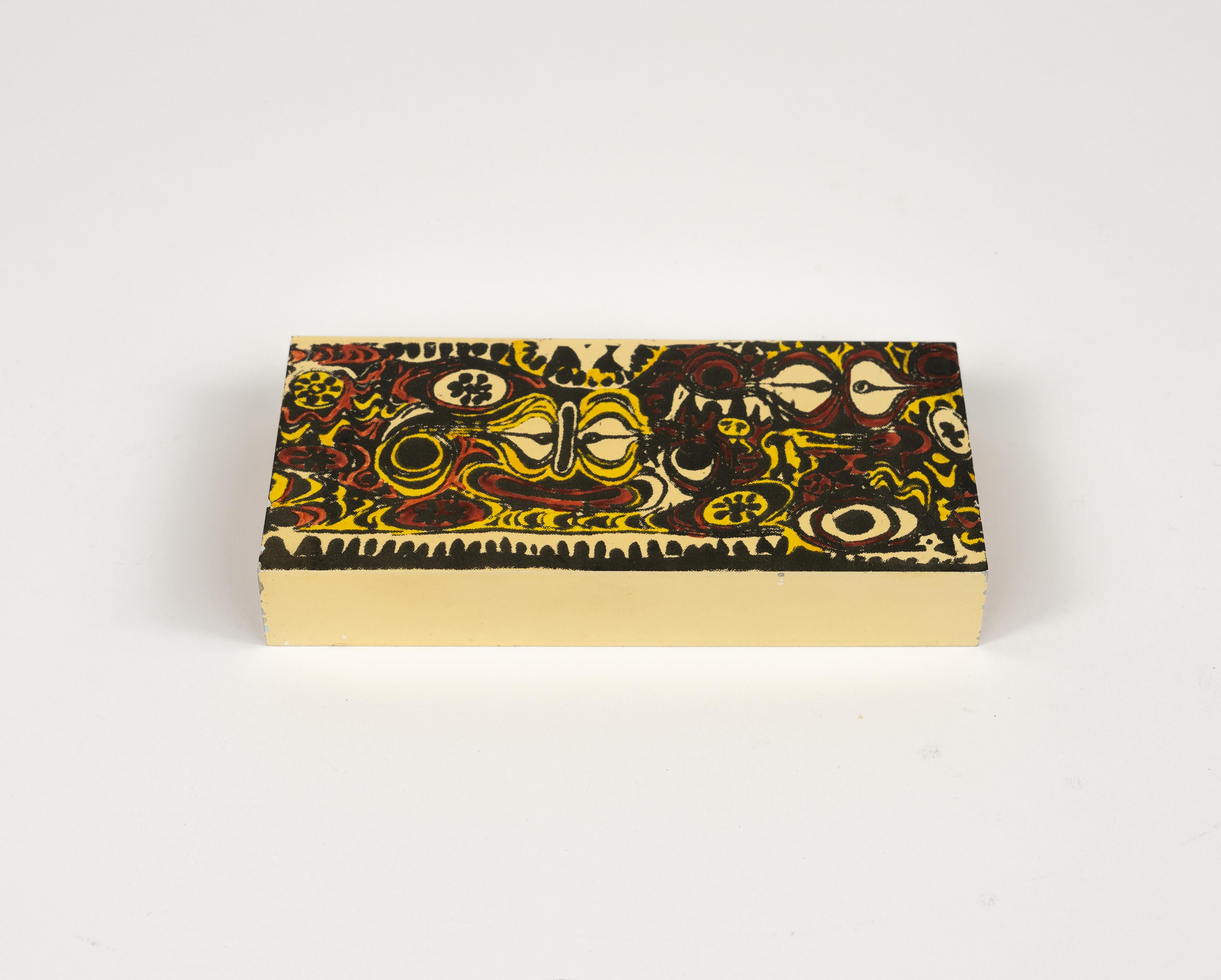 Lacquered Midcentury Box in Enameled Metal and Wood Att. Piero Fornasetti, Italy 1960s For Sale