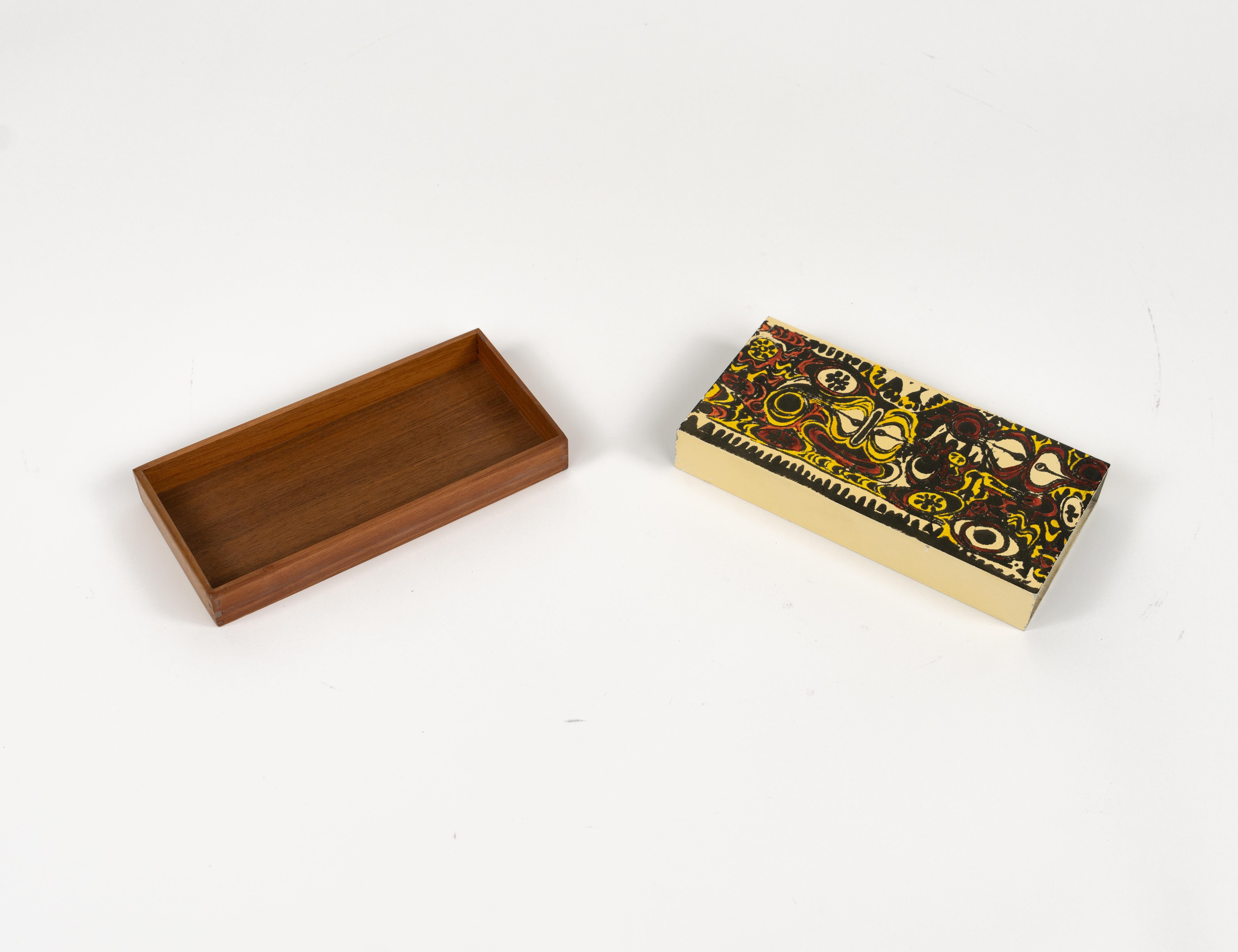 Mid-20th Century Midcentury Box in Enameled Metal and Wood Att. Piero Fornasetti, Italy 1960s For Sale