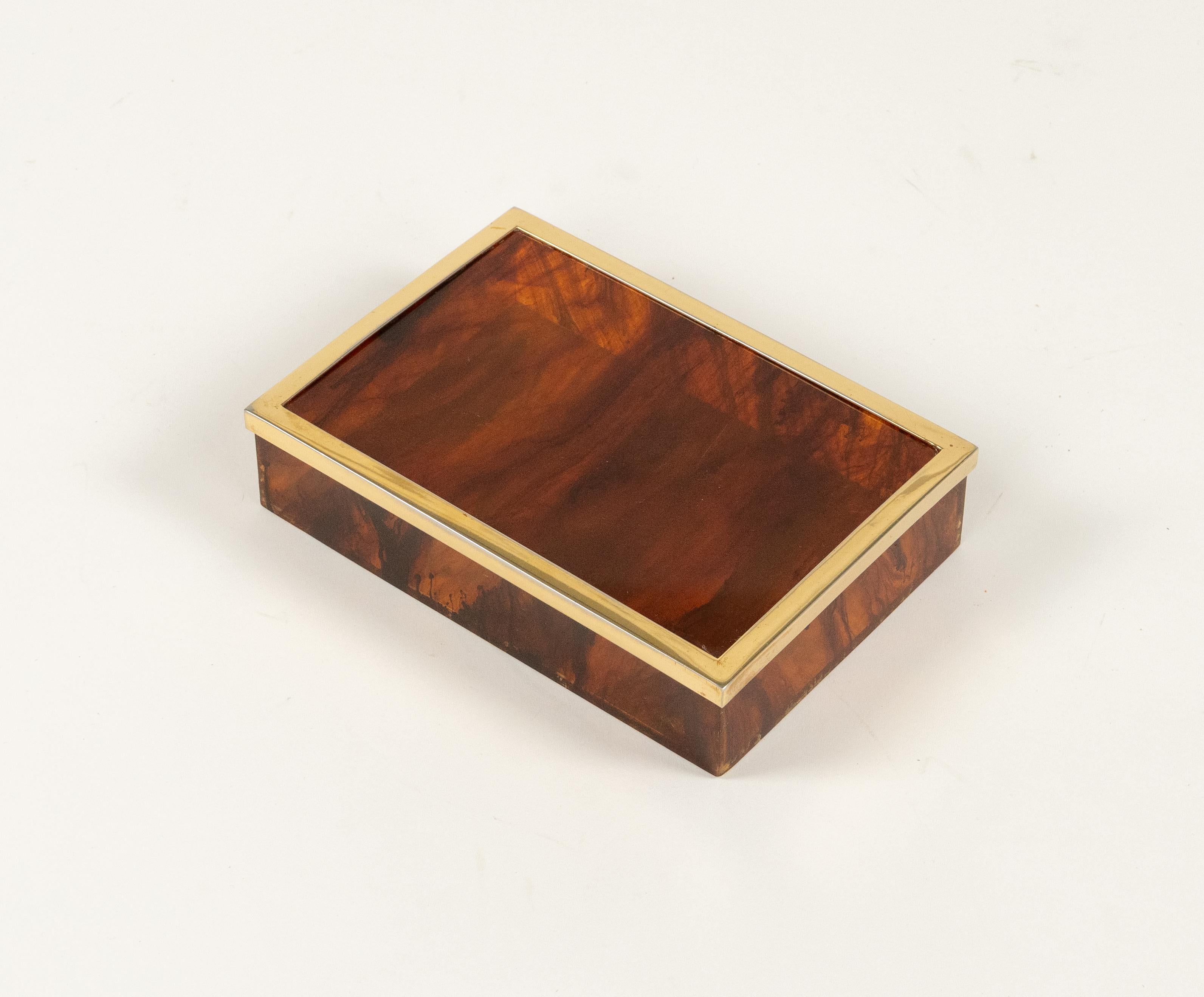 Metal Midcentury Box in Faux Tortoiseshell Lucite Christian Dior Style, Italy 1970s For Sale
