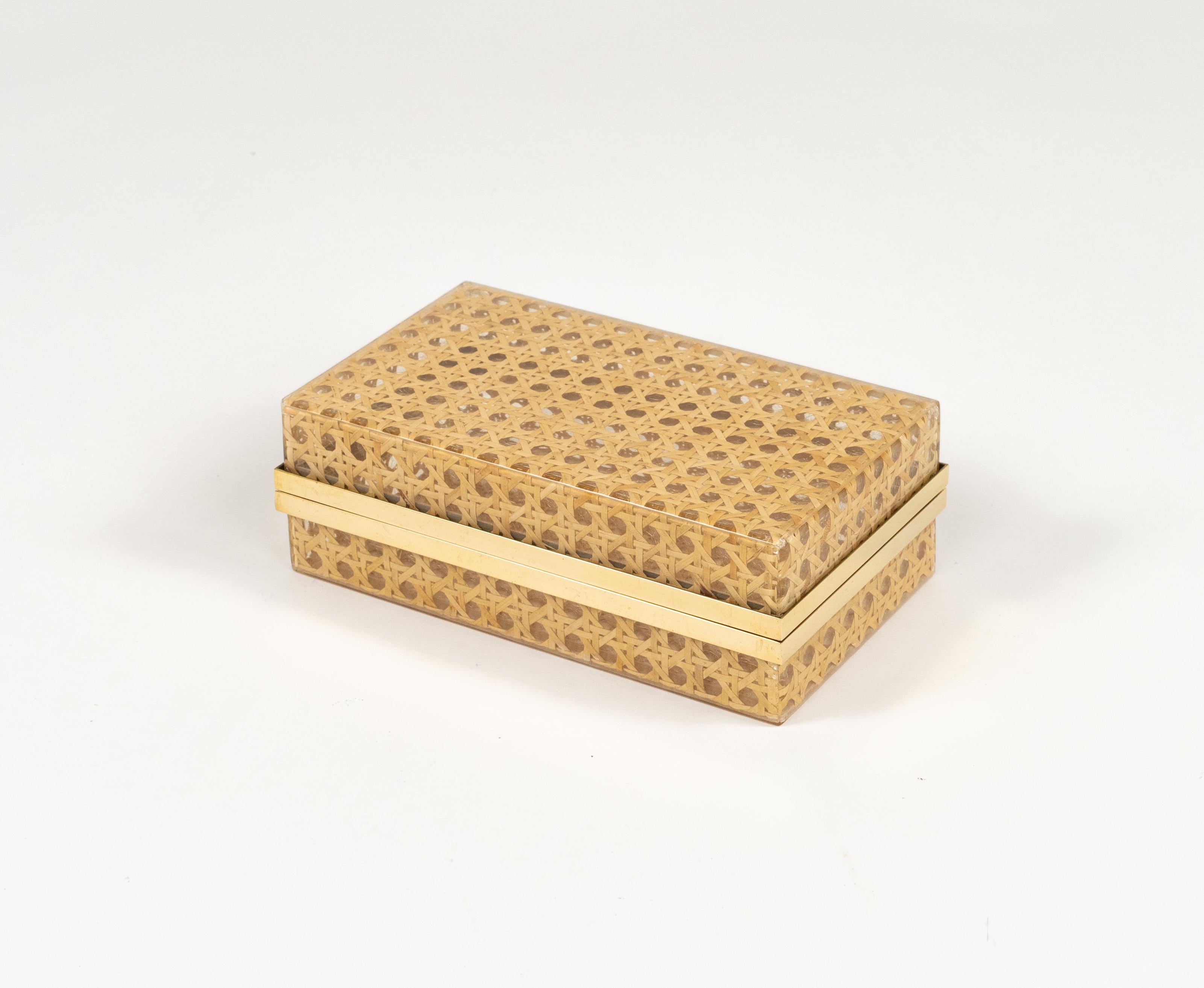 Mid-Century Modern Midcentury Box in Lucite, Rattan and Brass Christian Dior Style, Italy 1970s For Sale