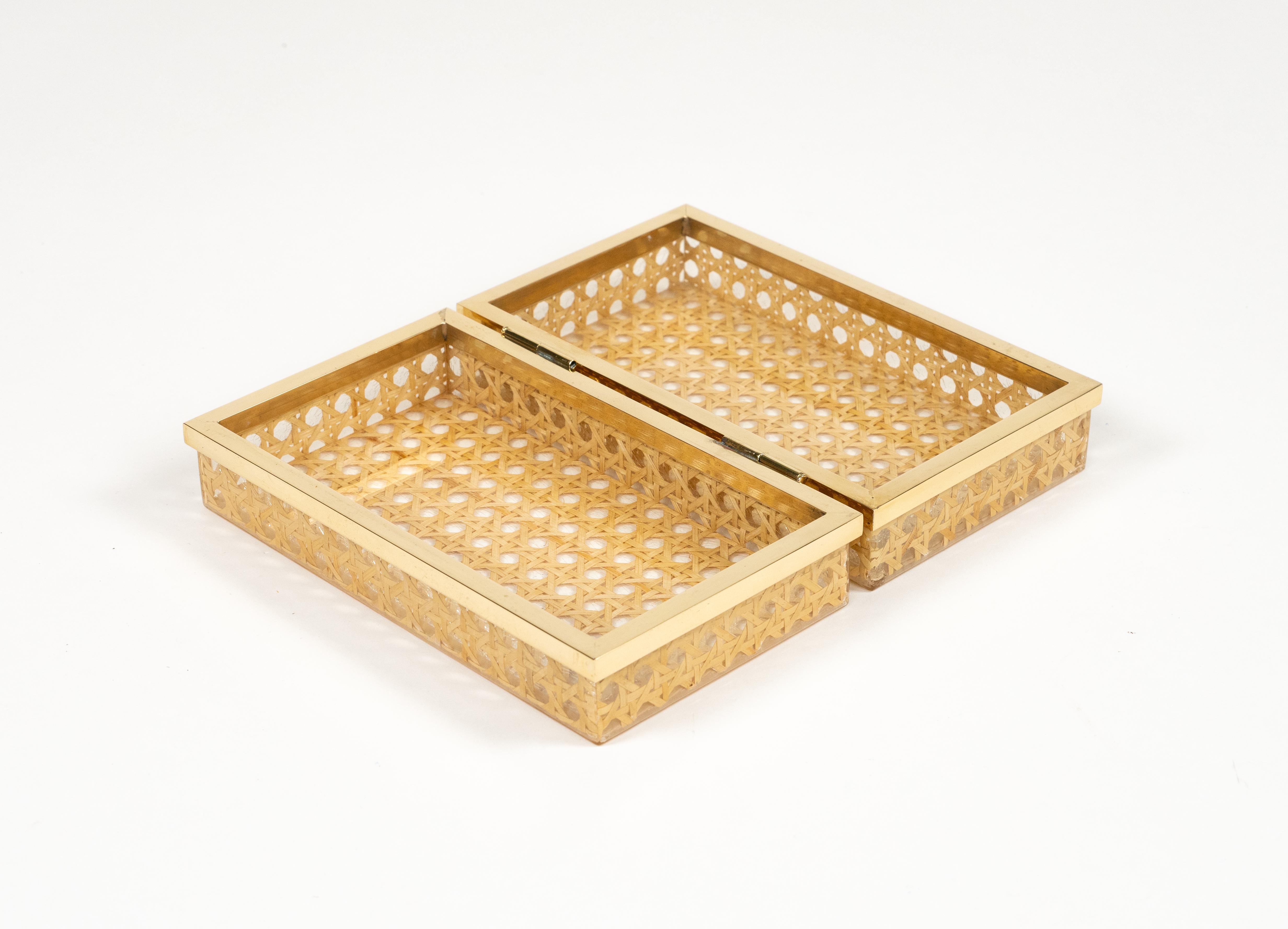 Late 20th Century Midcentury Box in Lucite, Rattan and Brass Christian Dior Style, Italy 1970s For Sale