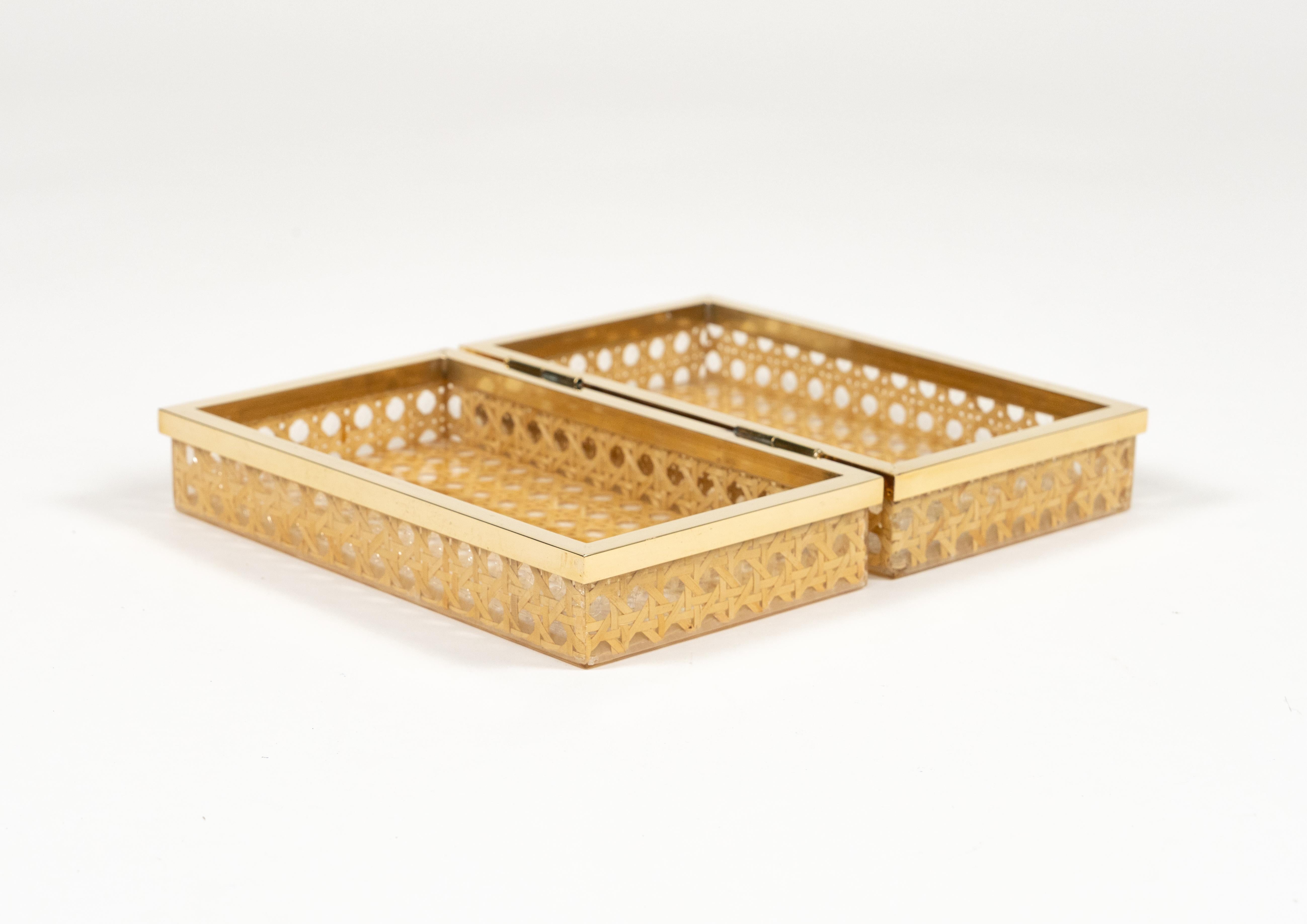 Midcentury Box in Lucite, Rattan and Brass Christian Dior Style, Italy 1970s For Sale 1