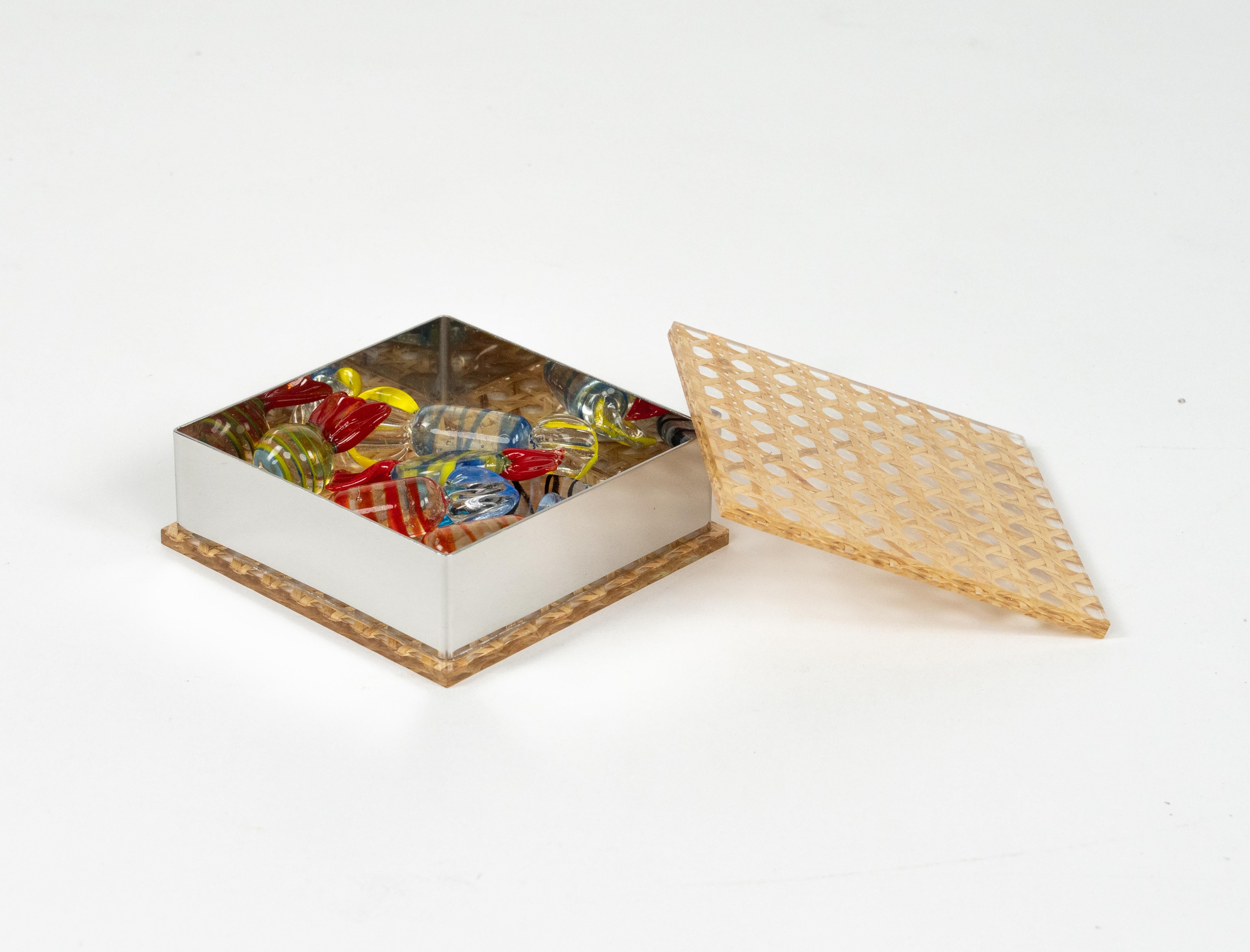 Midcentury Box in Lucite, Rattan and Chrome Christian Dior Style, Italy 1970s For Sale 5