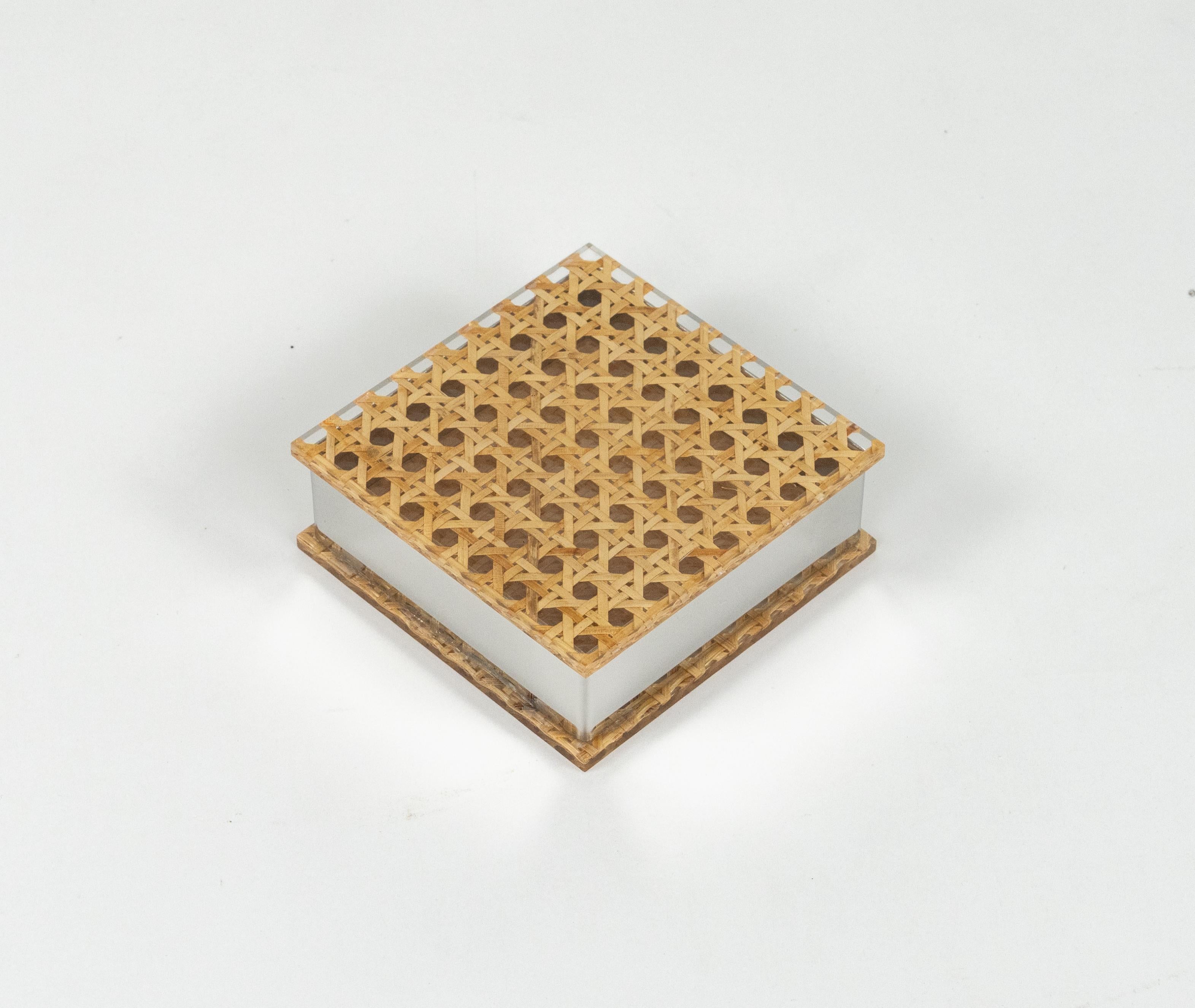 Mid-Century Modern Midcentury Box in Lucite, Rattan and Chrome Christian Dior Style, Italy 1970s For Sale