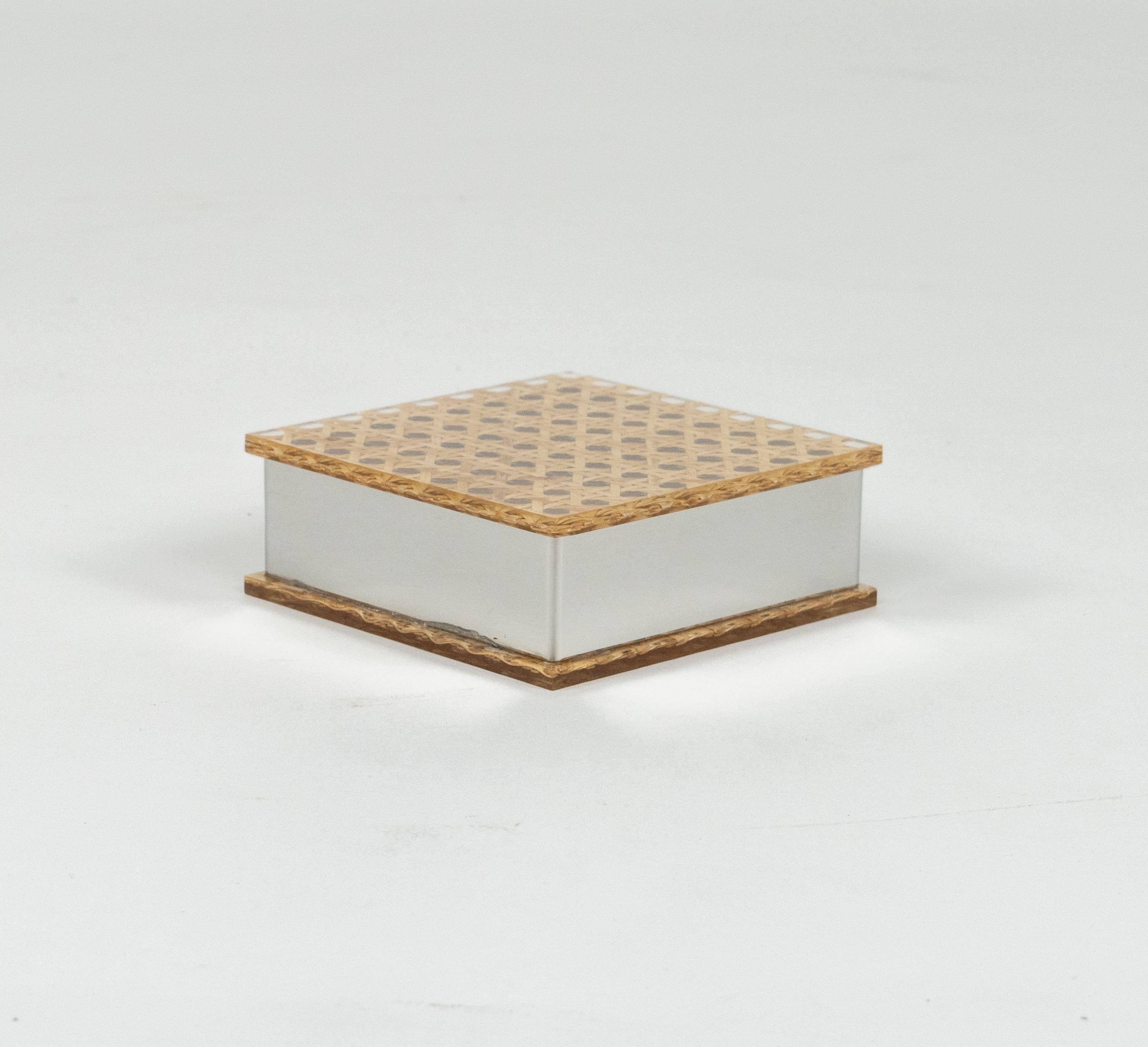 Italian Midcentury Box in Lucite, Rattan and Chrome Christian Dior Style, Italy 1970s For Sale