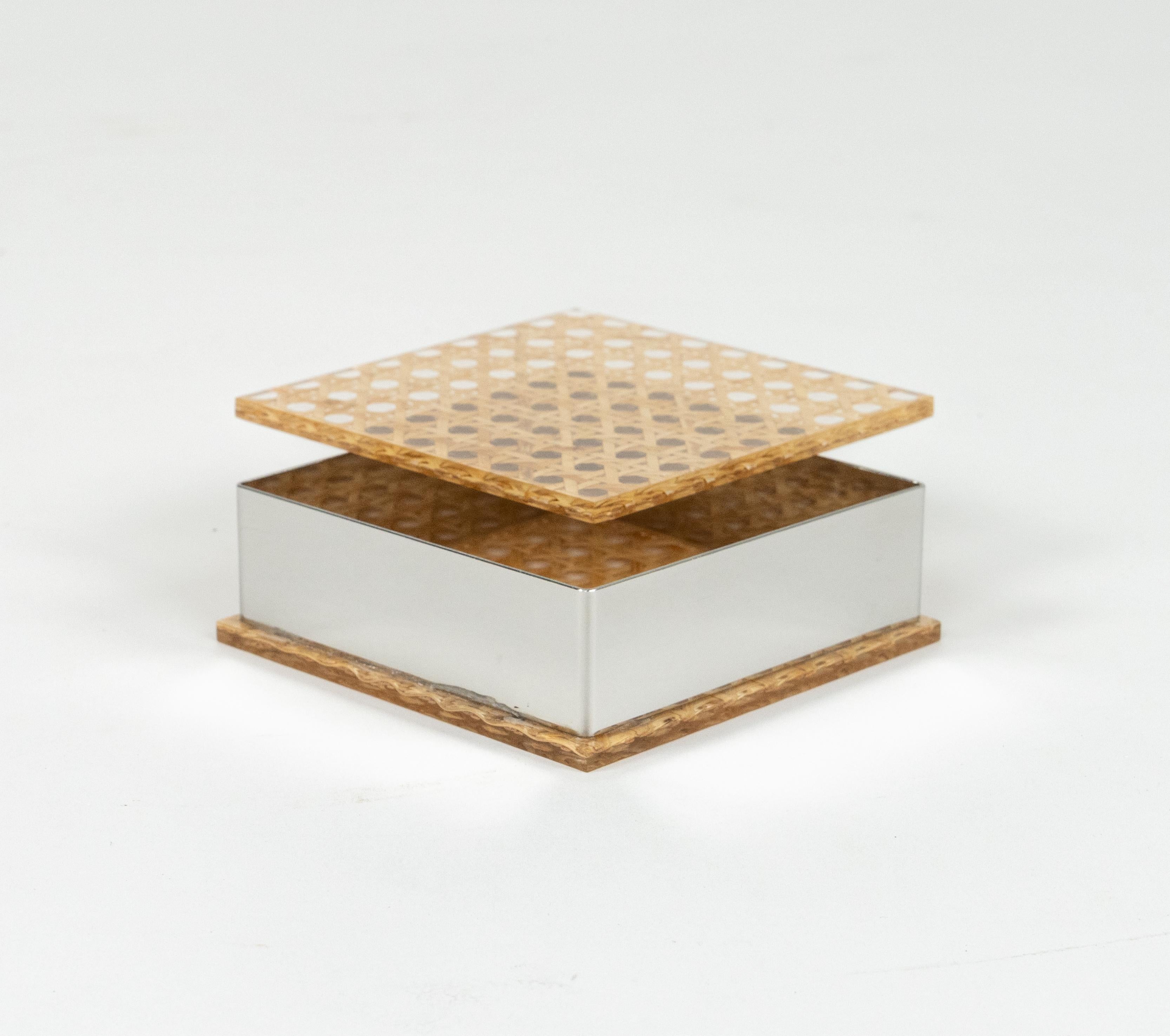 Late 20th Century Midcentury Box in Lucite, Rattan and Chrome Christian Dior Style, Italy 1970s For Sale