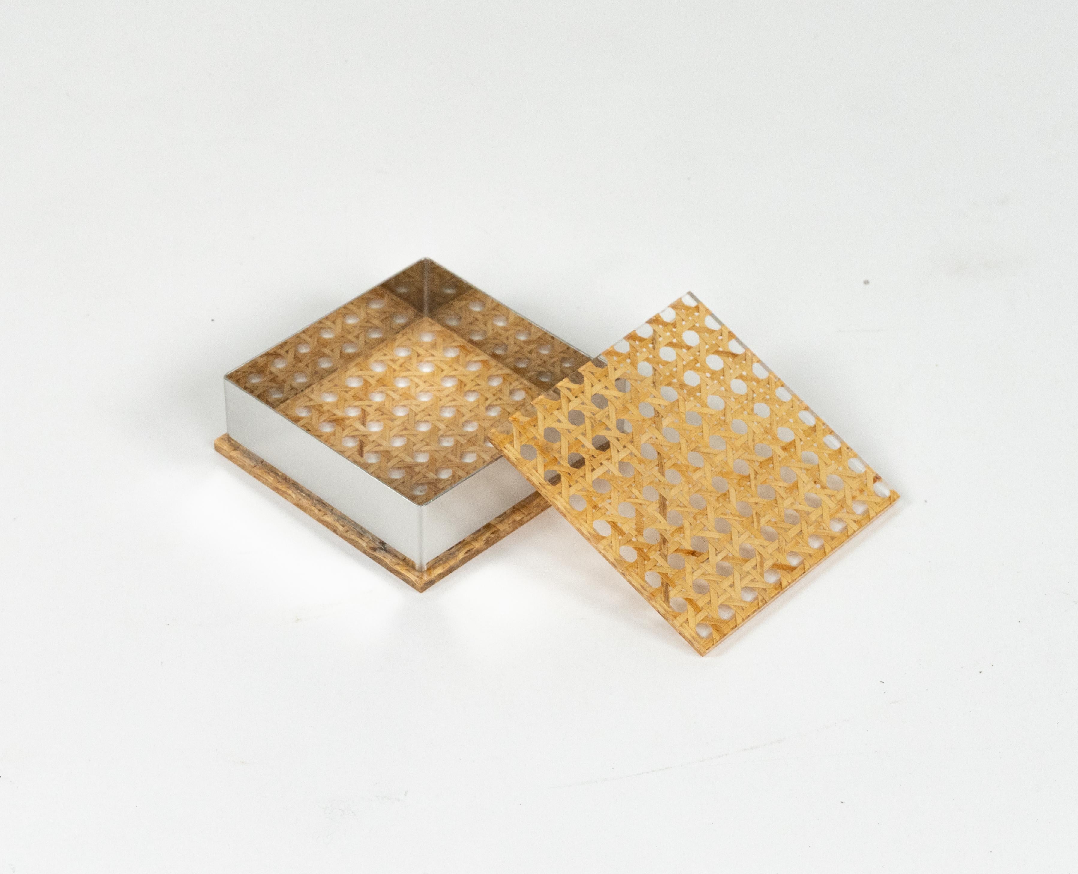 Metal Midcentury Box in Lucite, Rattan and Chrome Christian Dior Style, Italy 1970s For Sale