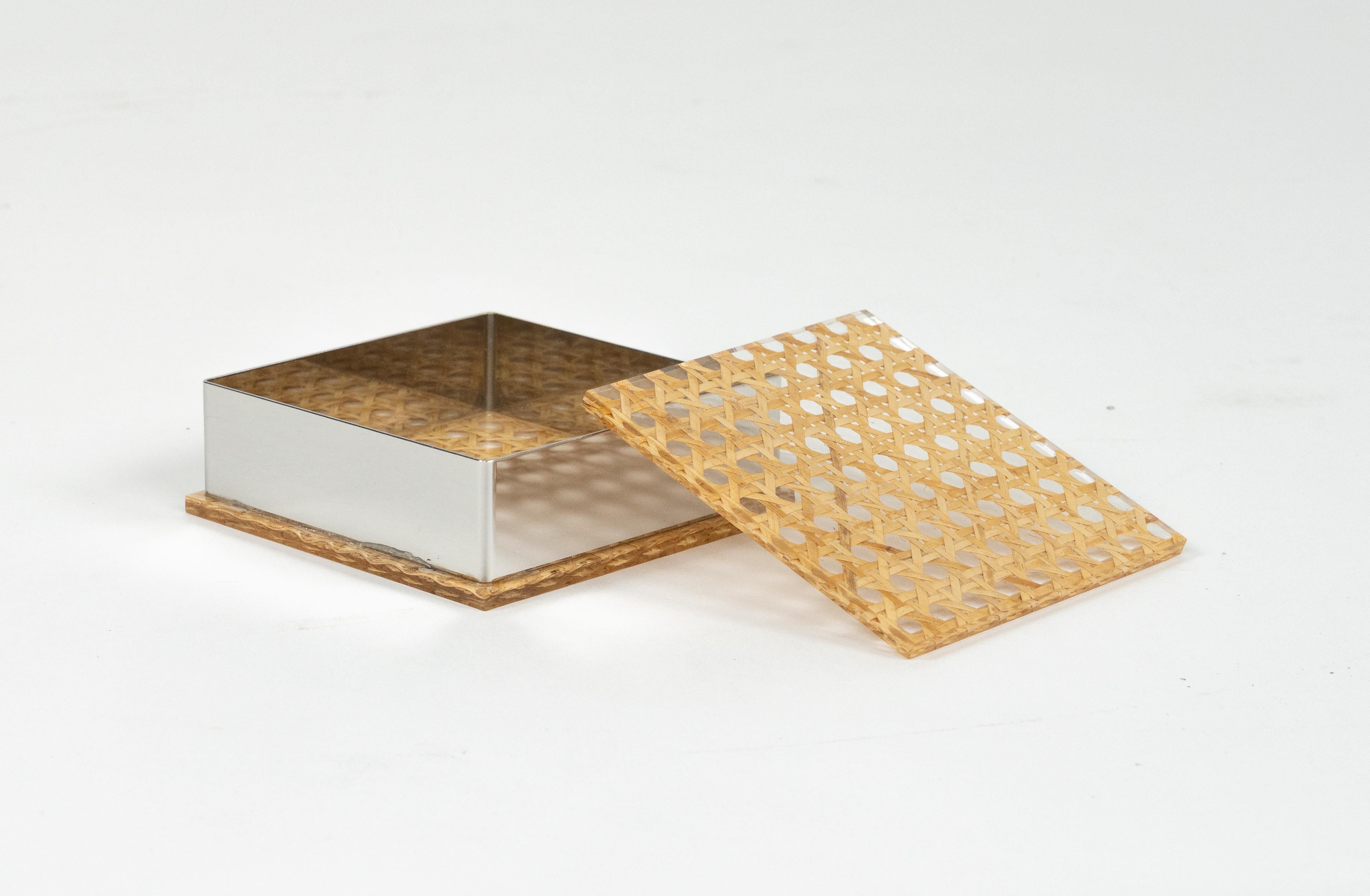 Midcentury Box in Lucite, Rattan and Chrome Christian Dior Style, Italy 1970s For Sale 1