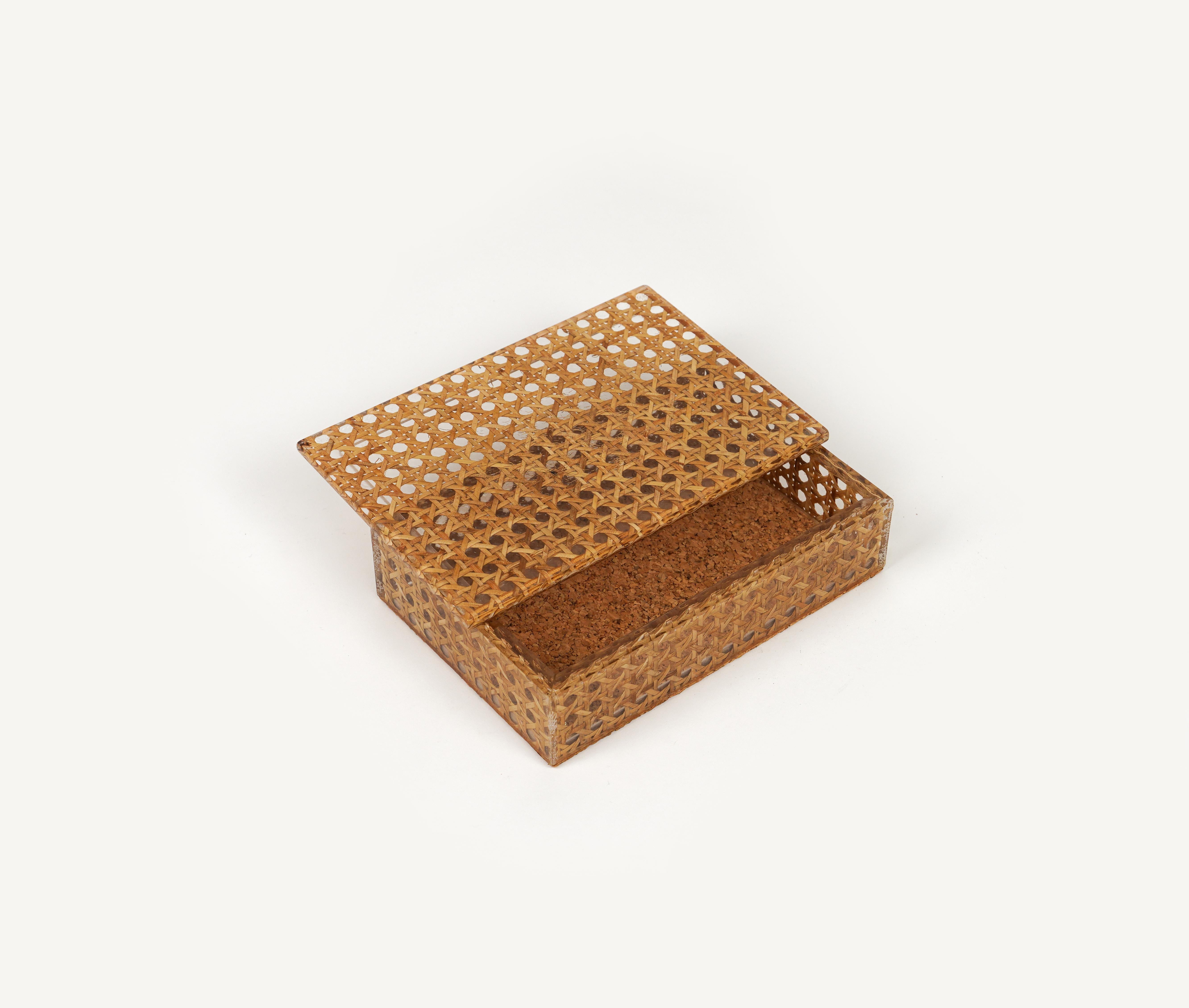 Midcentury Box in Rattan, Lucite and Cork Christian Dior Style, Italy 1970s For Sale 3