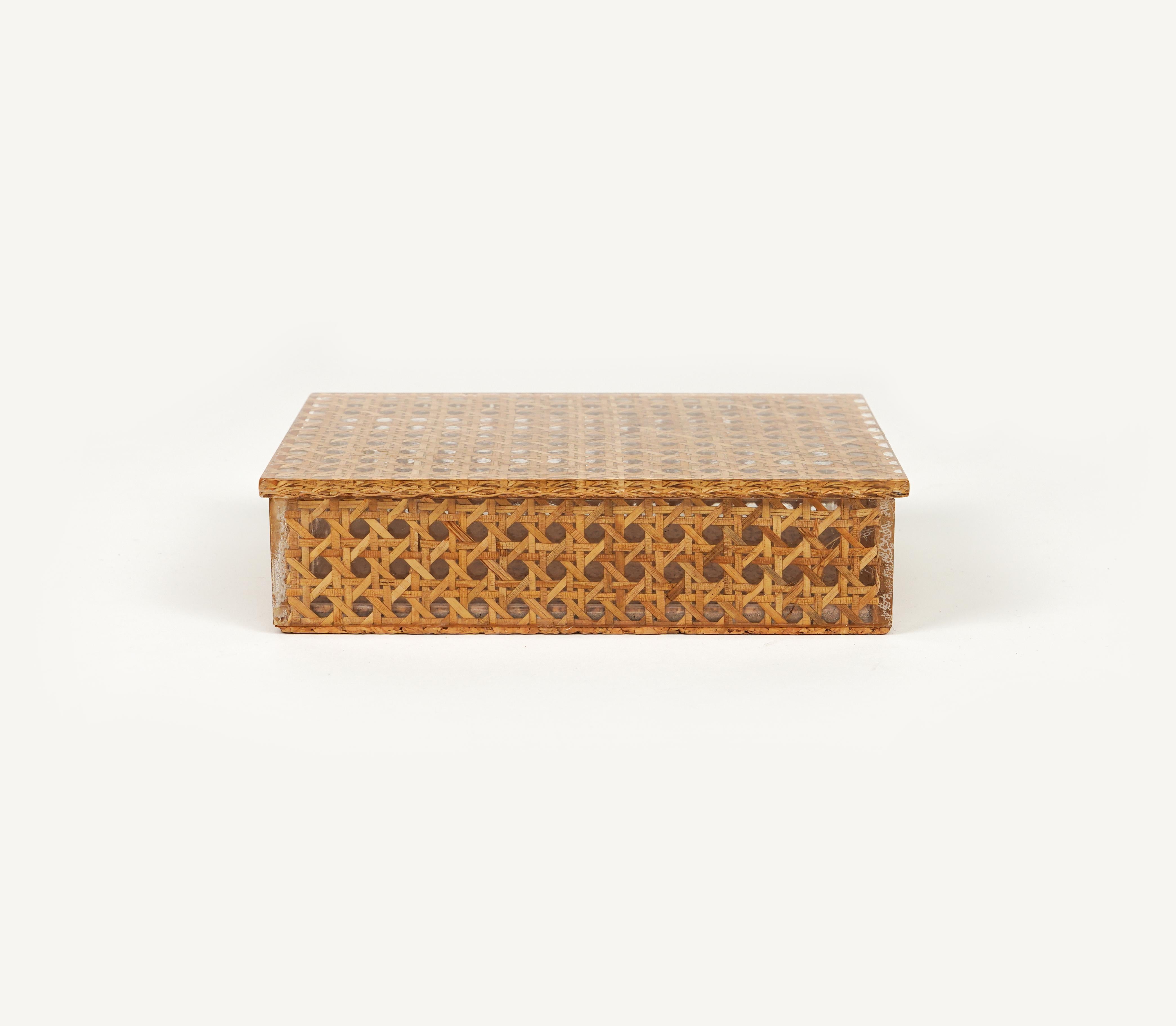Mid-Century Modern Midcentury Box in Rattan, Lucite and Cork Christian Dior Style, Italy 1970s For Sale