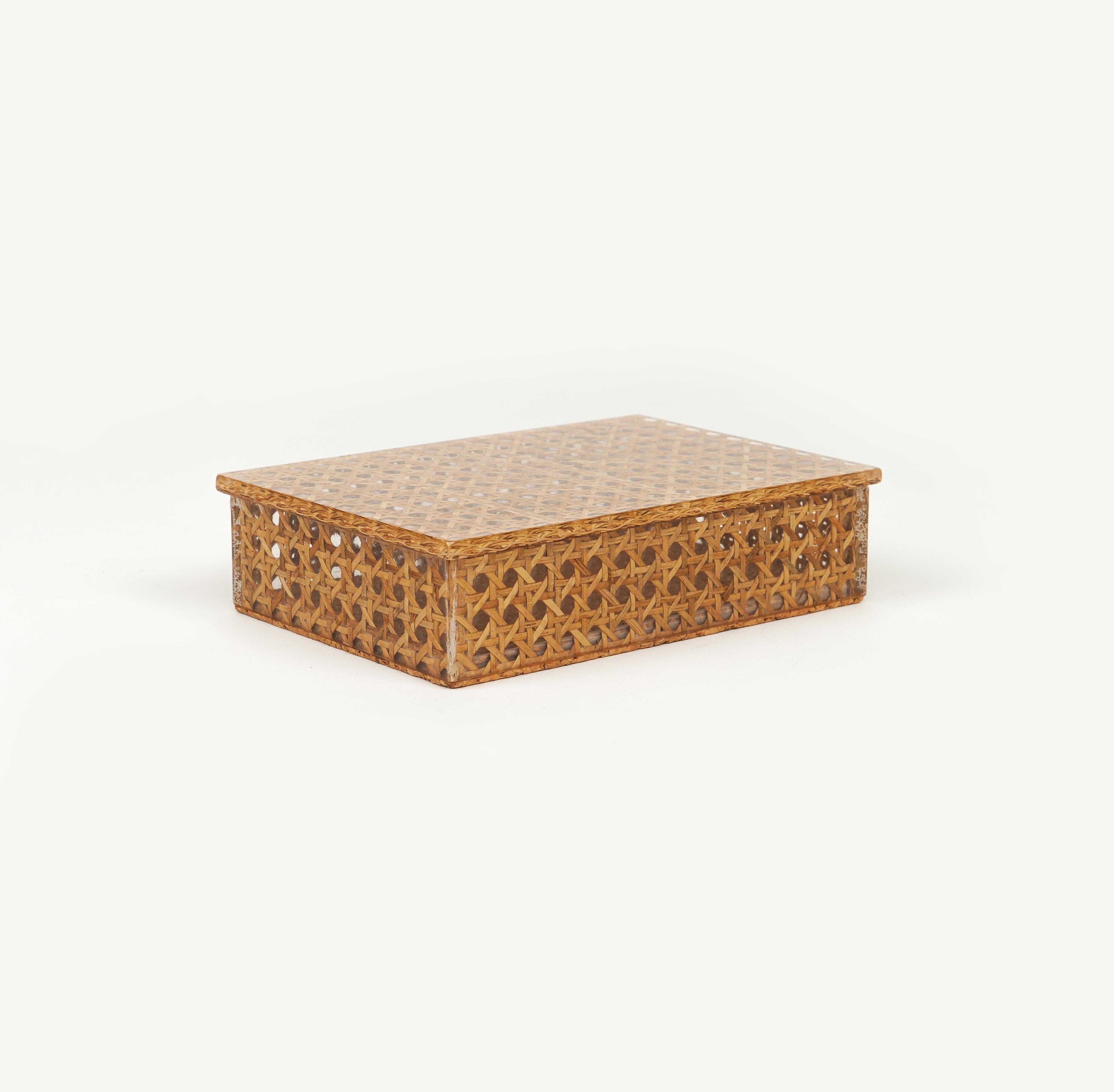 Italian Midcentury Box in Rattan, Lucite and Cork Christian Dior Style, Italy 1970s For Sale