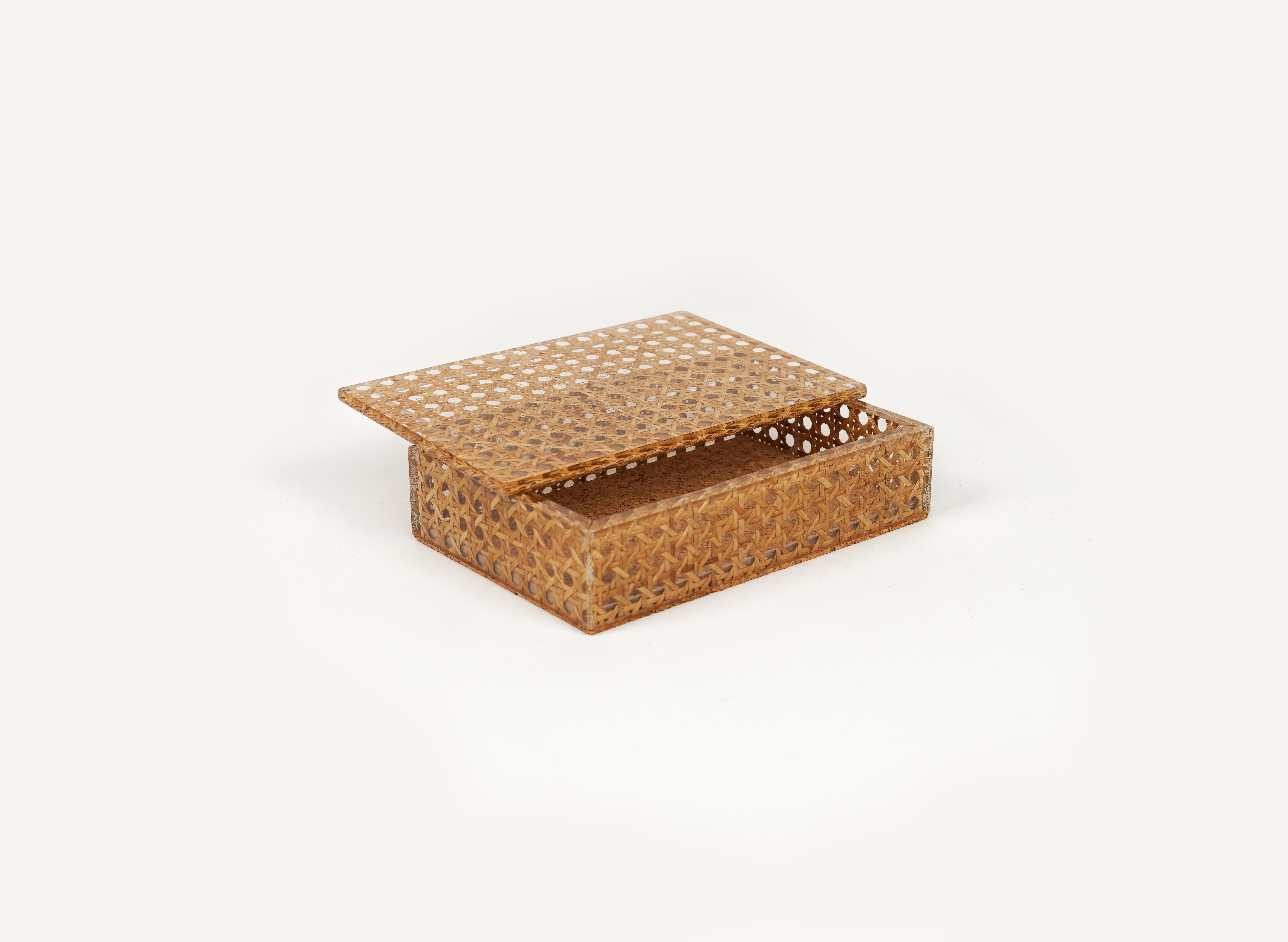 Late 20th Century Midcentury Box in Rattan, Lucite and Cork Christian Dior Style, Italy 1970s For Sale