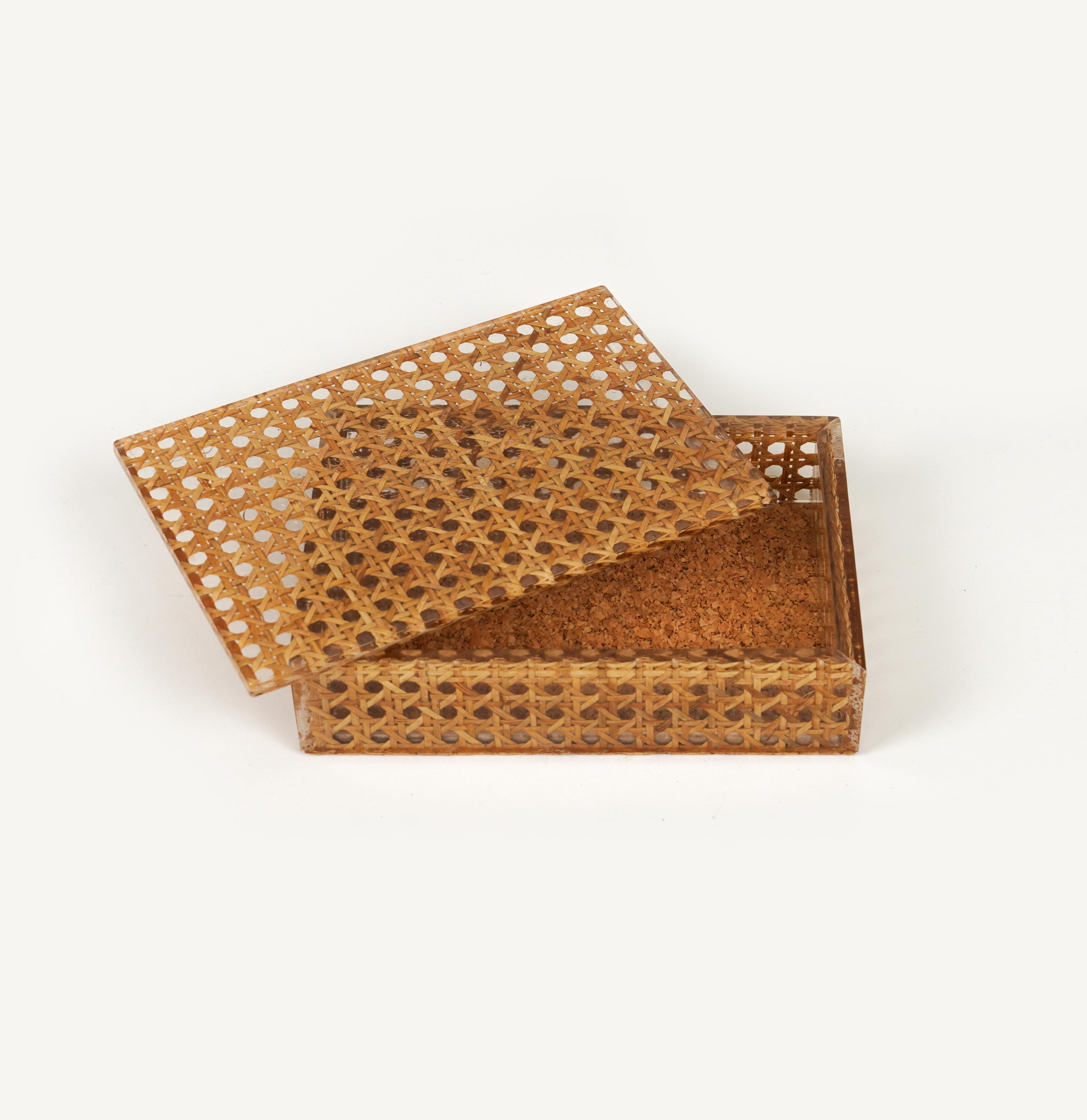 Wicker Midcentury Box in Rattan, Lucite and Cork Christian Dior Style, Italy 1970s For Sale