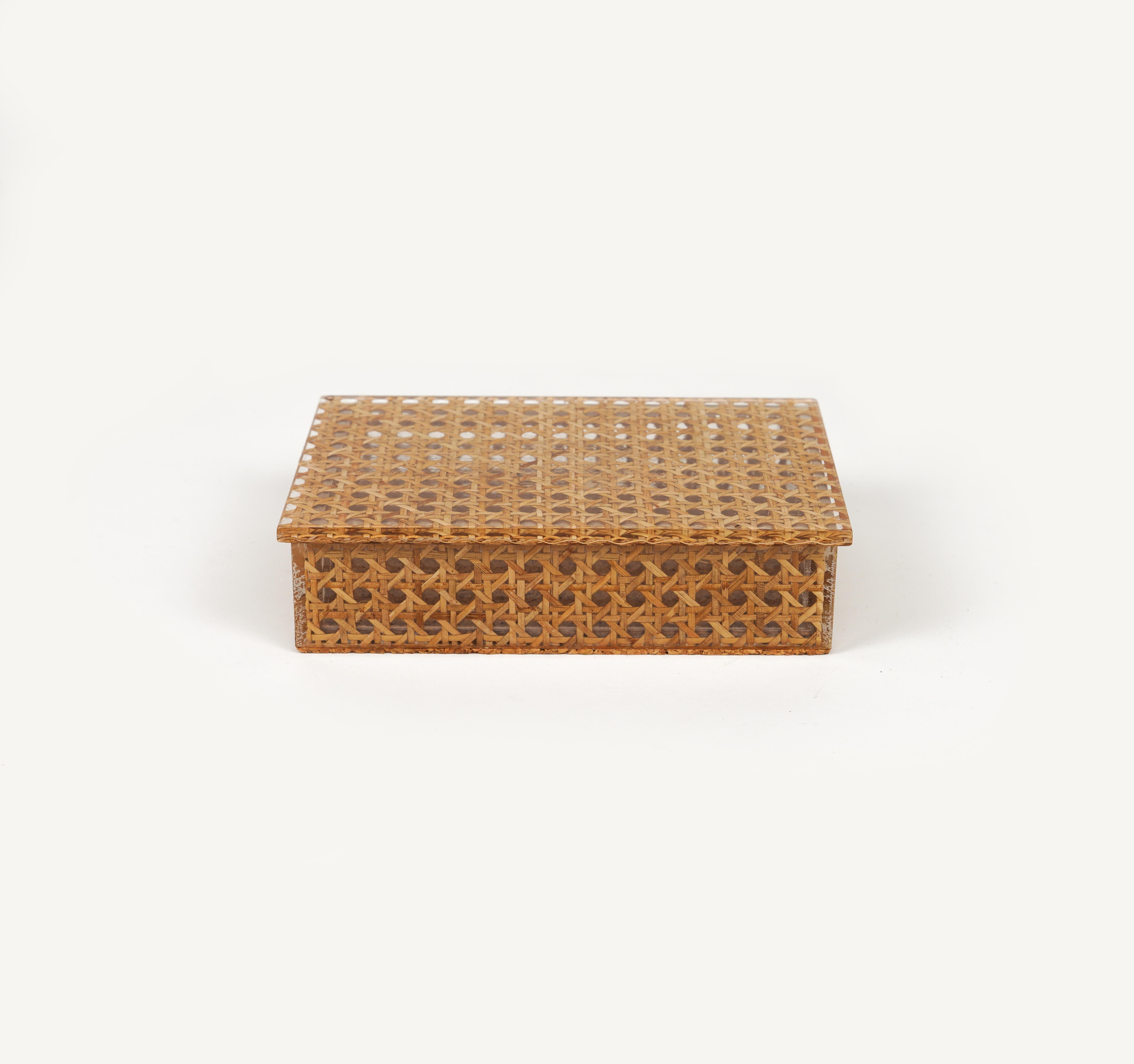 Midcentury Box in Rattan, Lucite and Cork Christian Dior Style, Italy 1970s For Sale 1