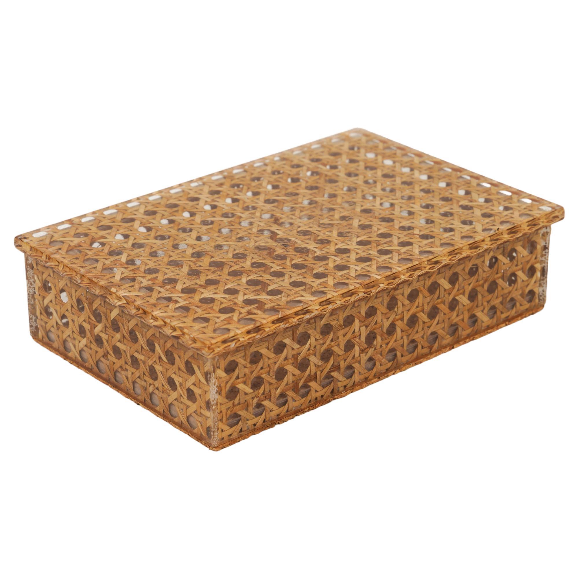 Midcentury Box in Rattan, Lucite and Cork Christian Dior Style, Italy 1970s For Sale