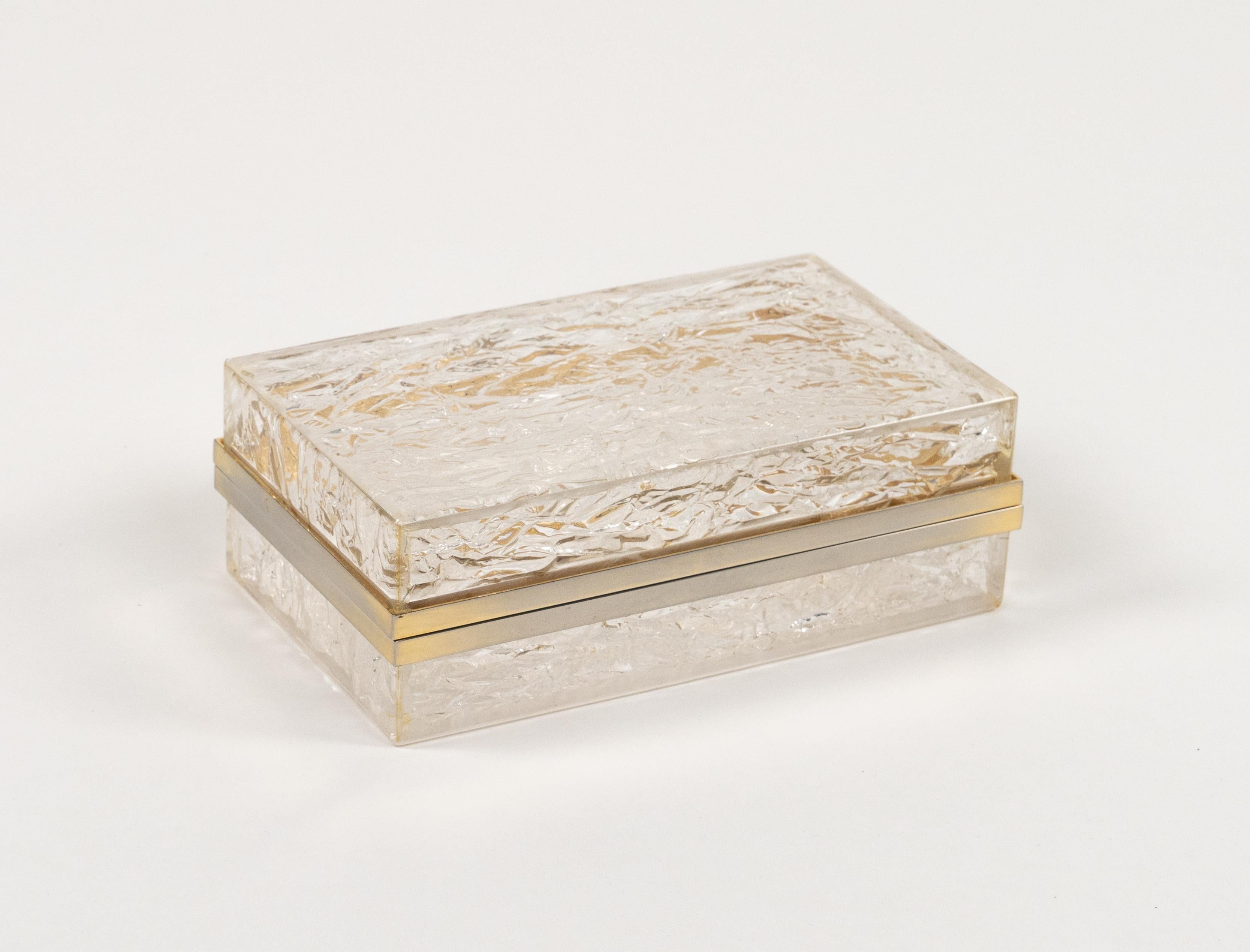 Midcentury Box Lucite Ice effect and Brass Chrome Willy Rizzo Style, Italy 1970s For Sale 3