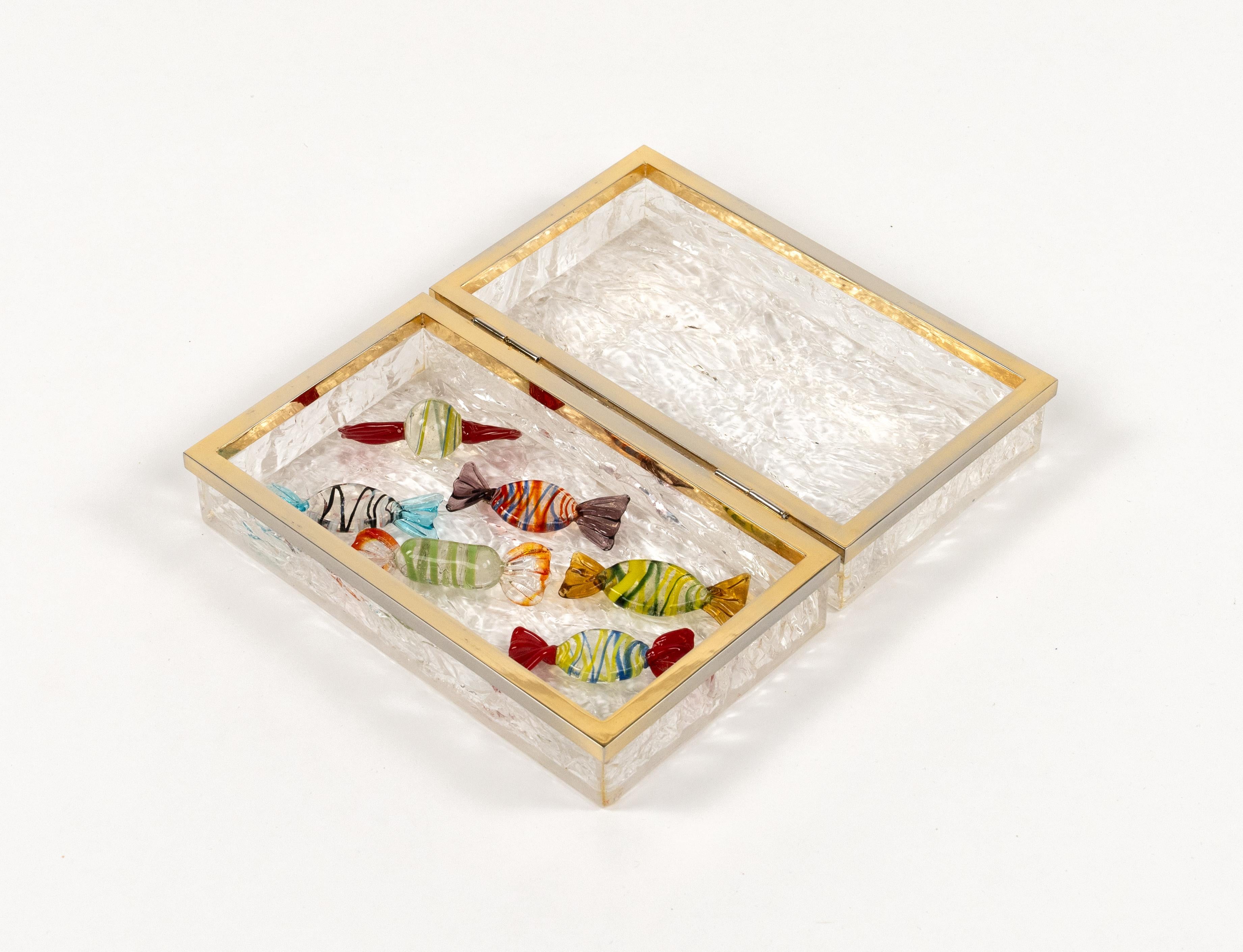 Midcentury Box Lucite Ice effect and Brass Chrome Willy Rizzo Style, Italy 1970s For Sale 4