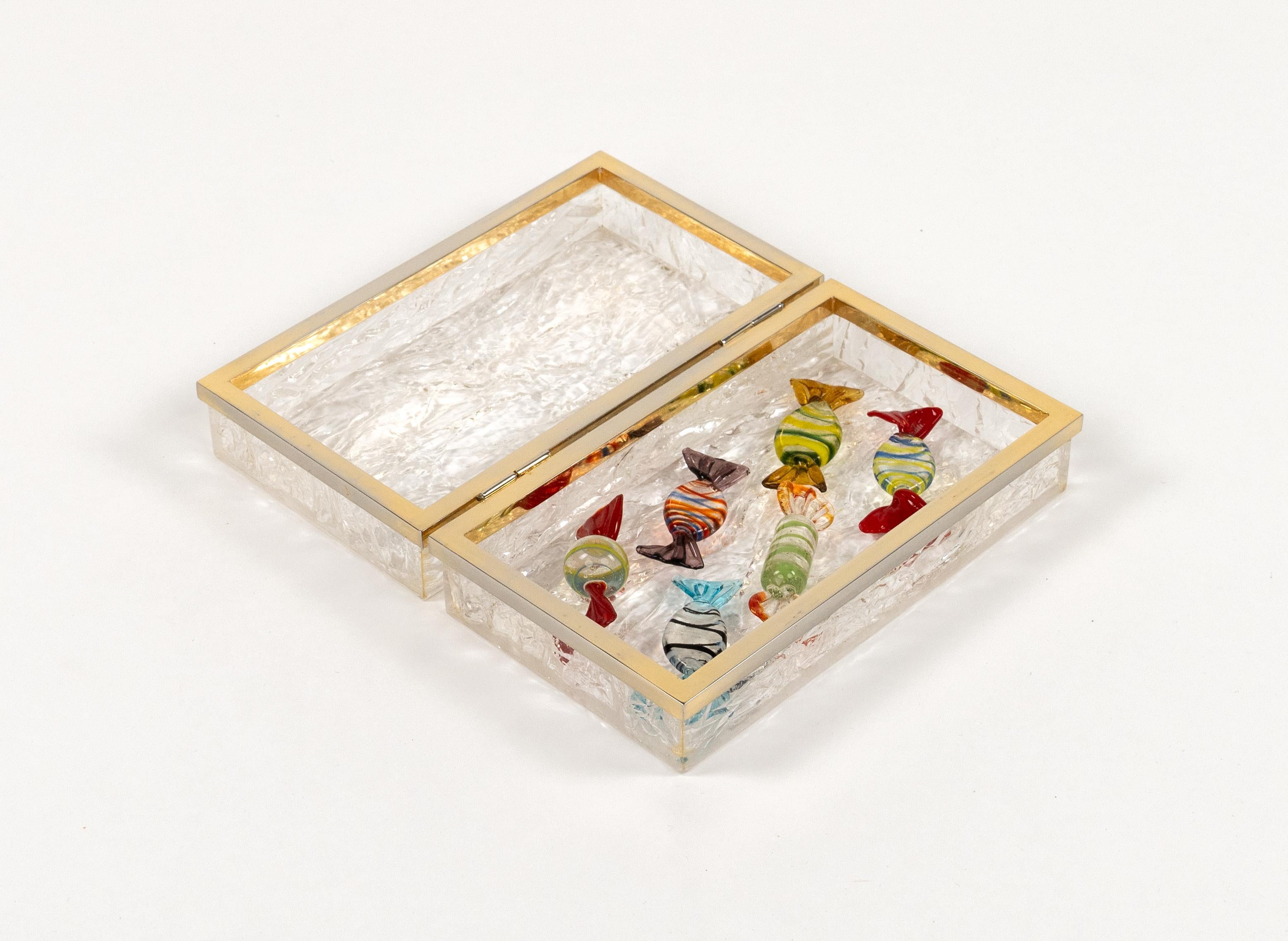 Midcentury Box Lucite Ice effect and Brass Chrome Willy Rizzo Style, Italy 1970s For Sale 5