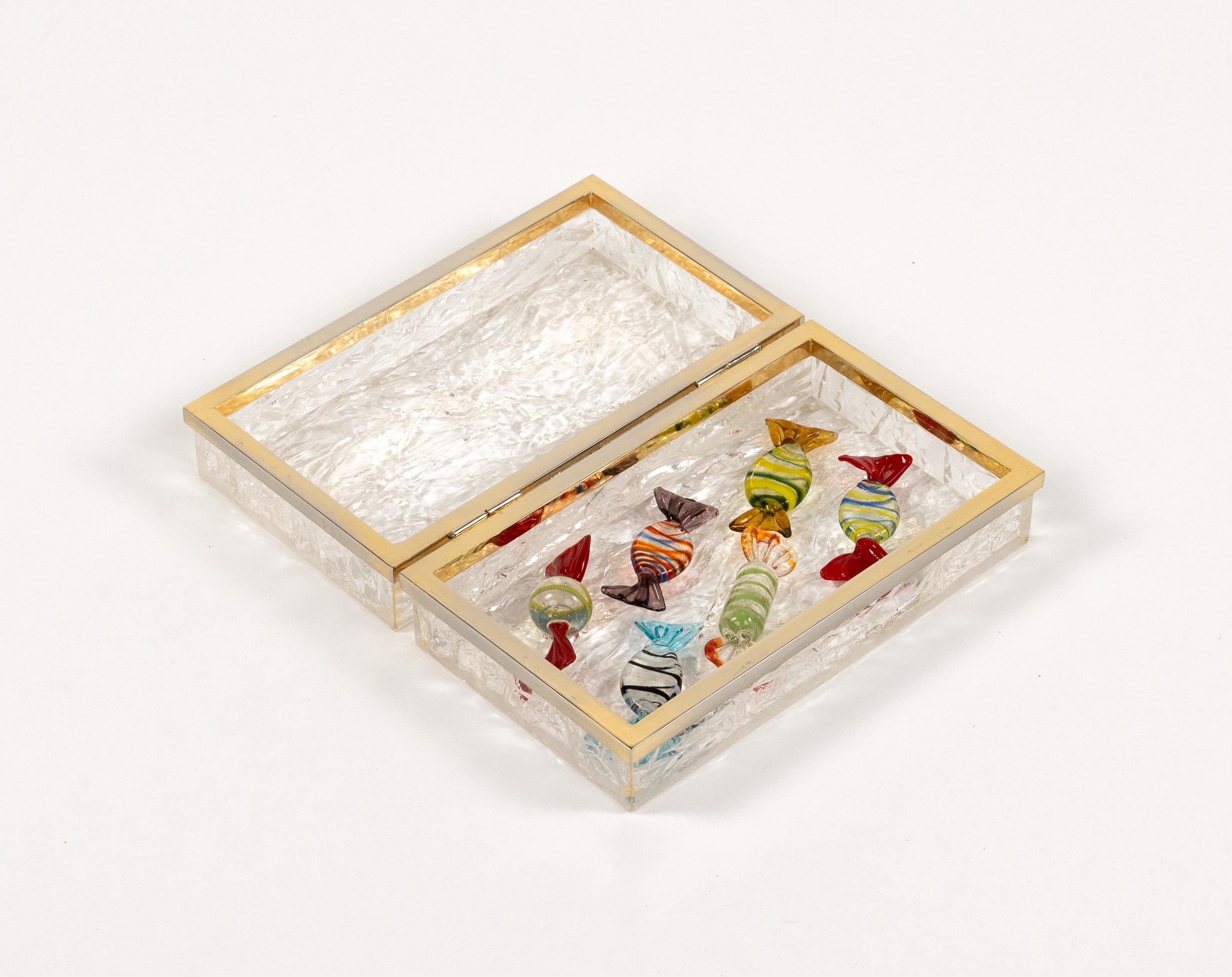 Midcentury Box Lucite Ice effect and Brass Chrome Willy Rizzo Style, Italy 1970s For Sale 6