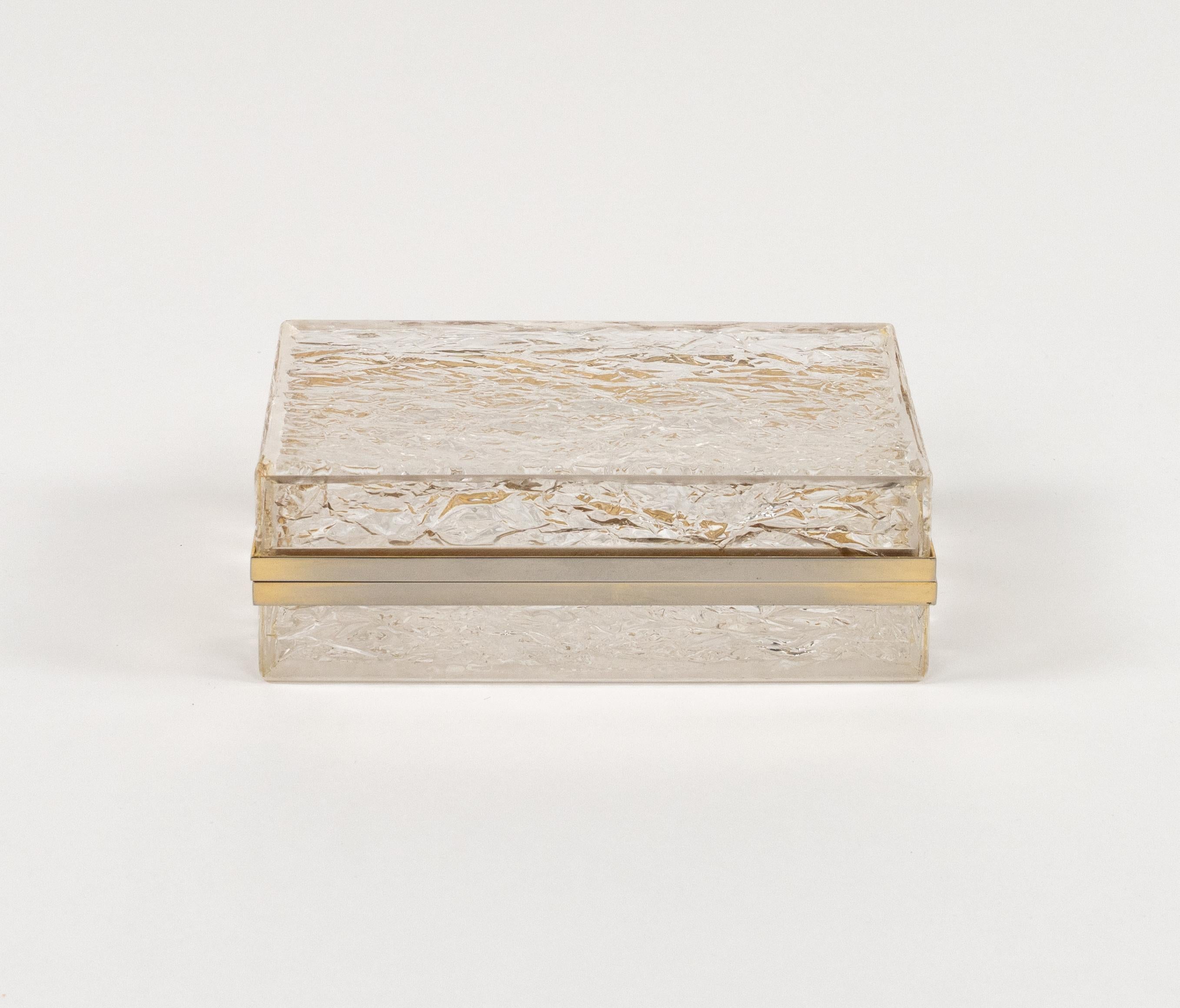 Italian Midcentury Box Lucite Ice effect and Brass Chrome Willy Rizzo Style, Italy 1970s For Sale