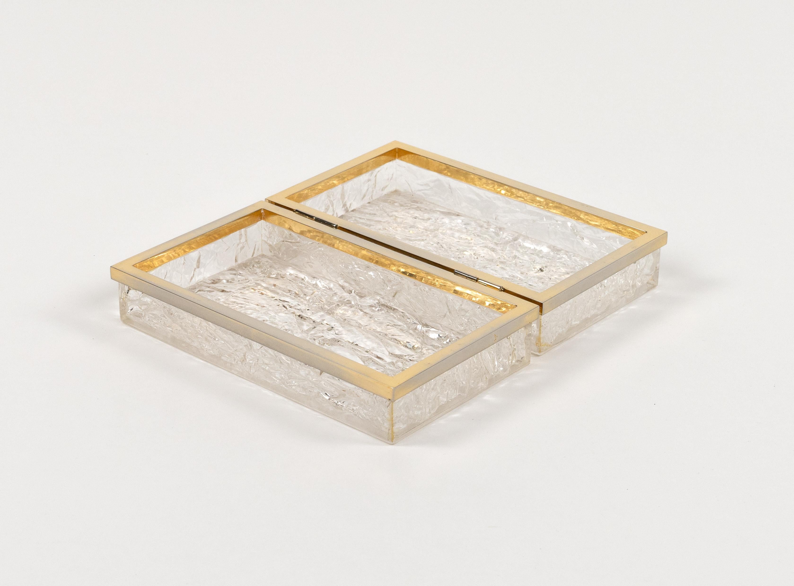 Late 20th Century Midcentury Box Lucite Ice effect and Brass Chrome Willy Rizzo Style, Italy 1970s For Sale