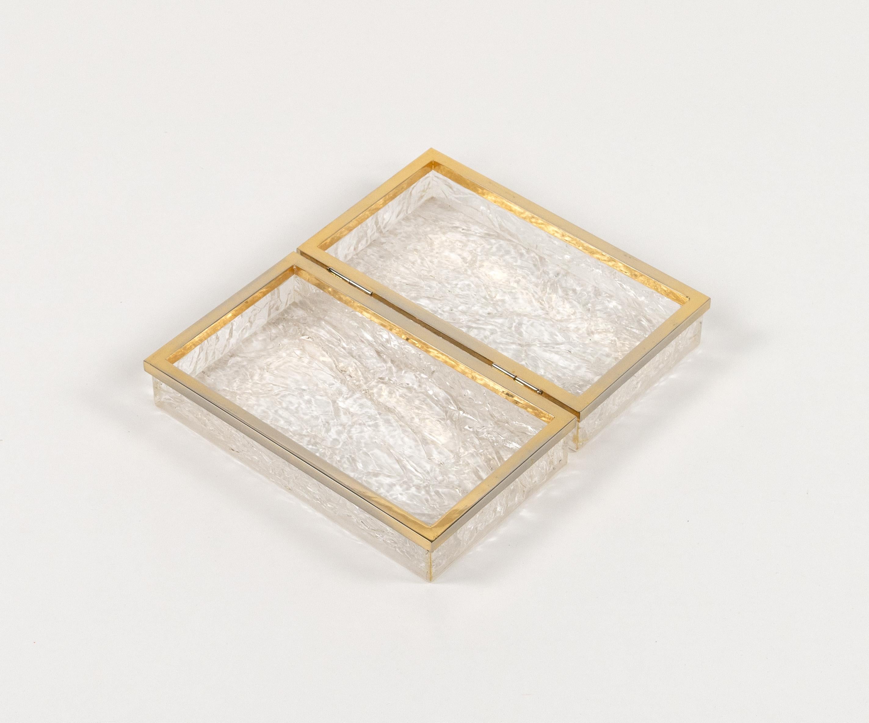 Metal Midcentury Box Lucite Ice effect and Brass Chrome Willy Rizzo Style, Italy 1970s For Sale