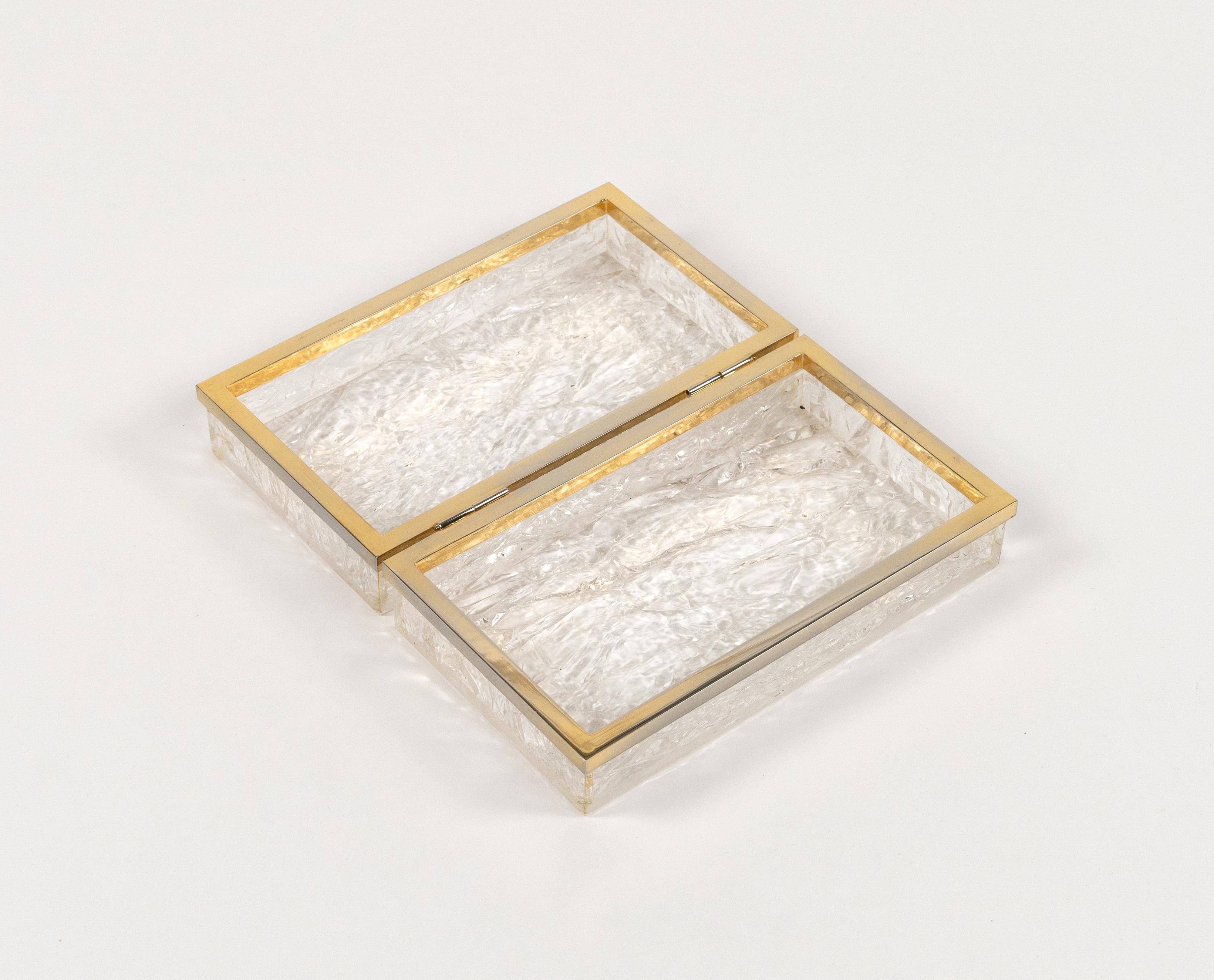 Midcentury Box Lucite Ice effect and Brass Chrome Willy Rizzo Style, Italy 1970s For Sale 1