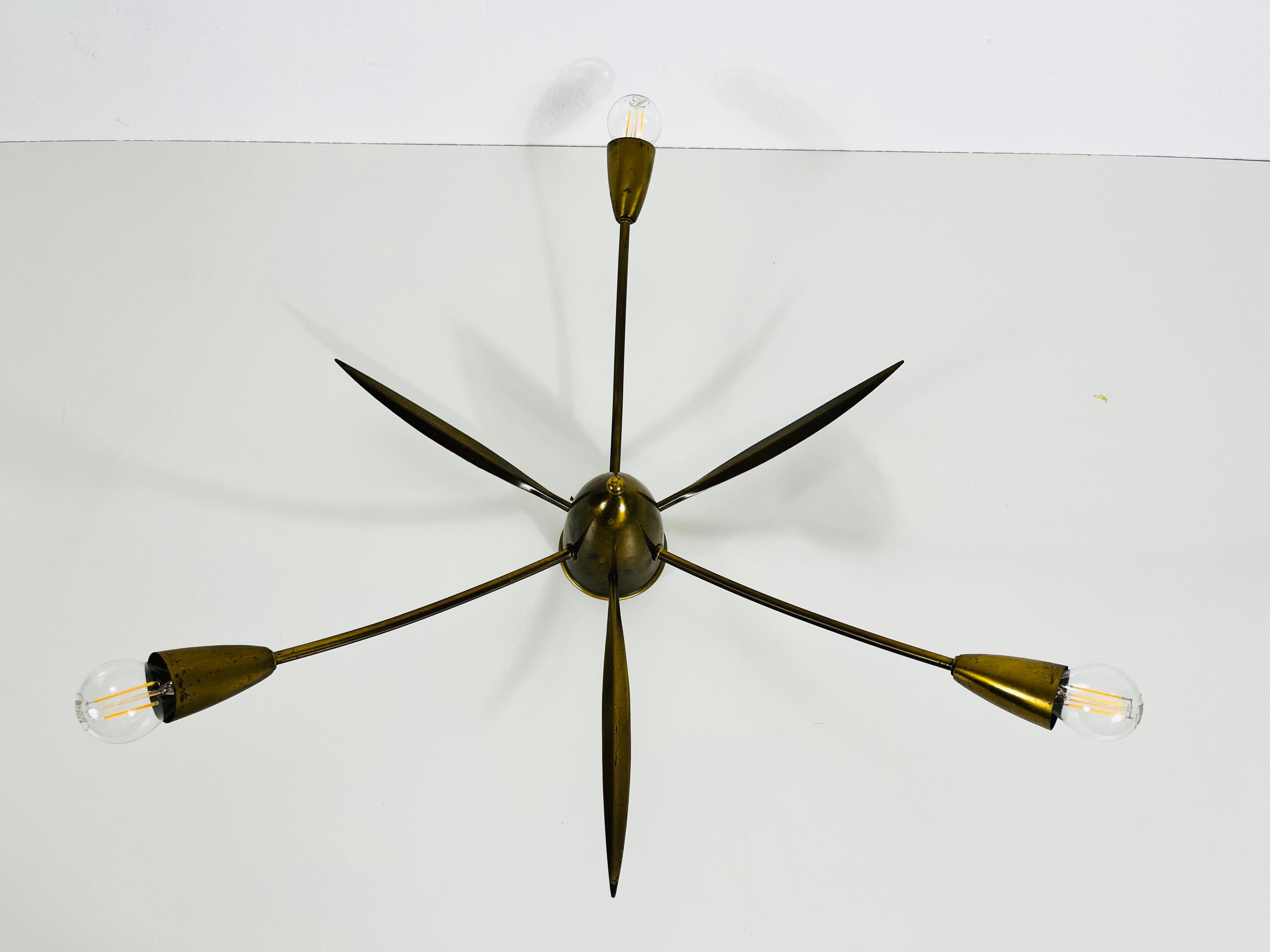 Mid-Century Modern Midcentury Brass 3-Arm Sputnik Chandelier, 1960s For Sale